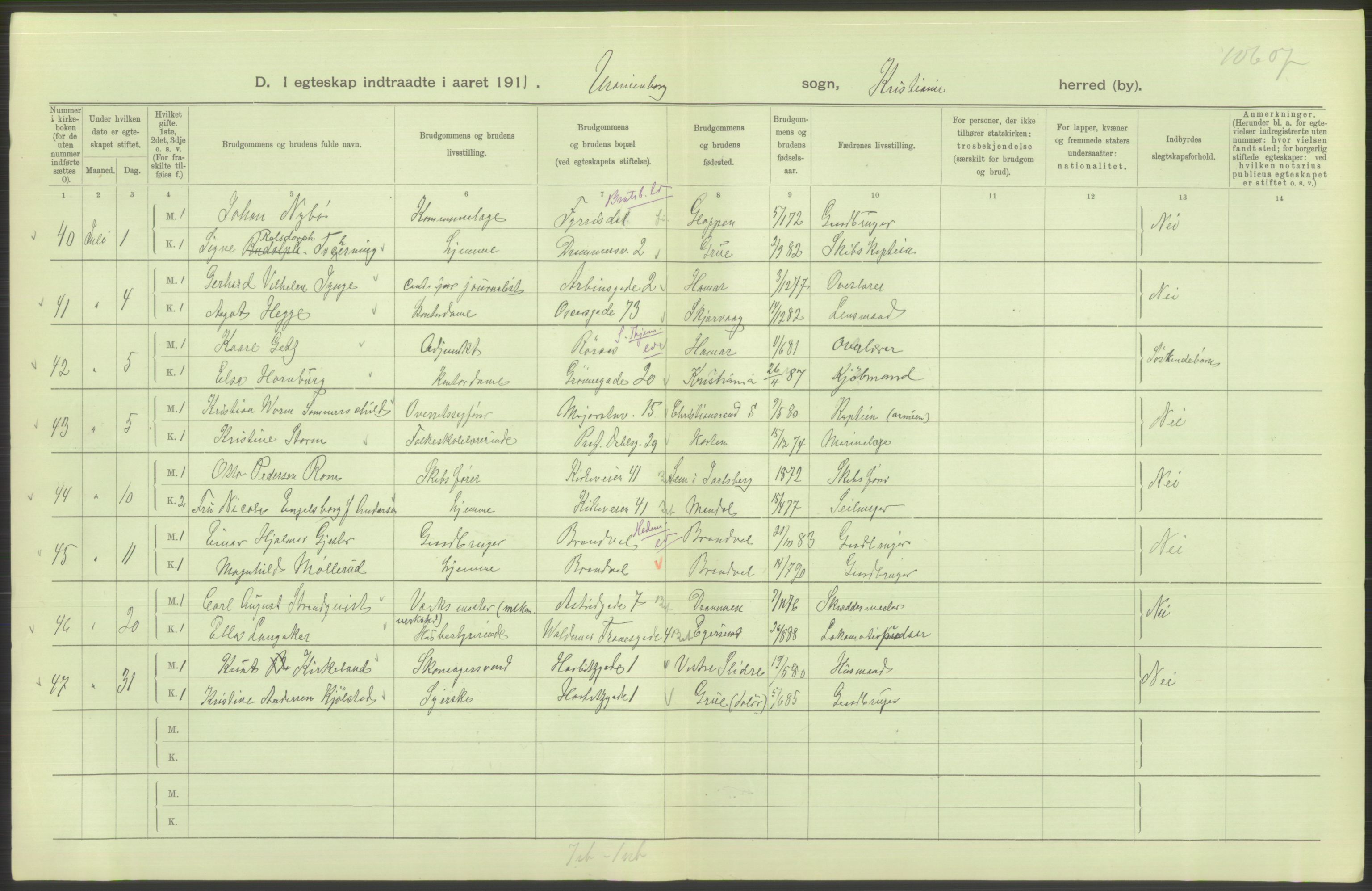 Statistisk sentralbyrå, Sosiodemografiske emner, Befolkning, AV/RA-S-2228/D/Df/Dfb/Dfba/L0008: Kristiania: Gifte, 1911, p. 430