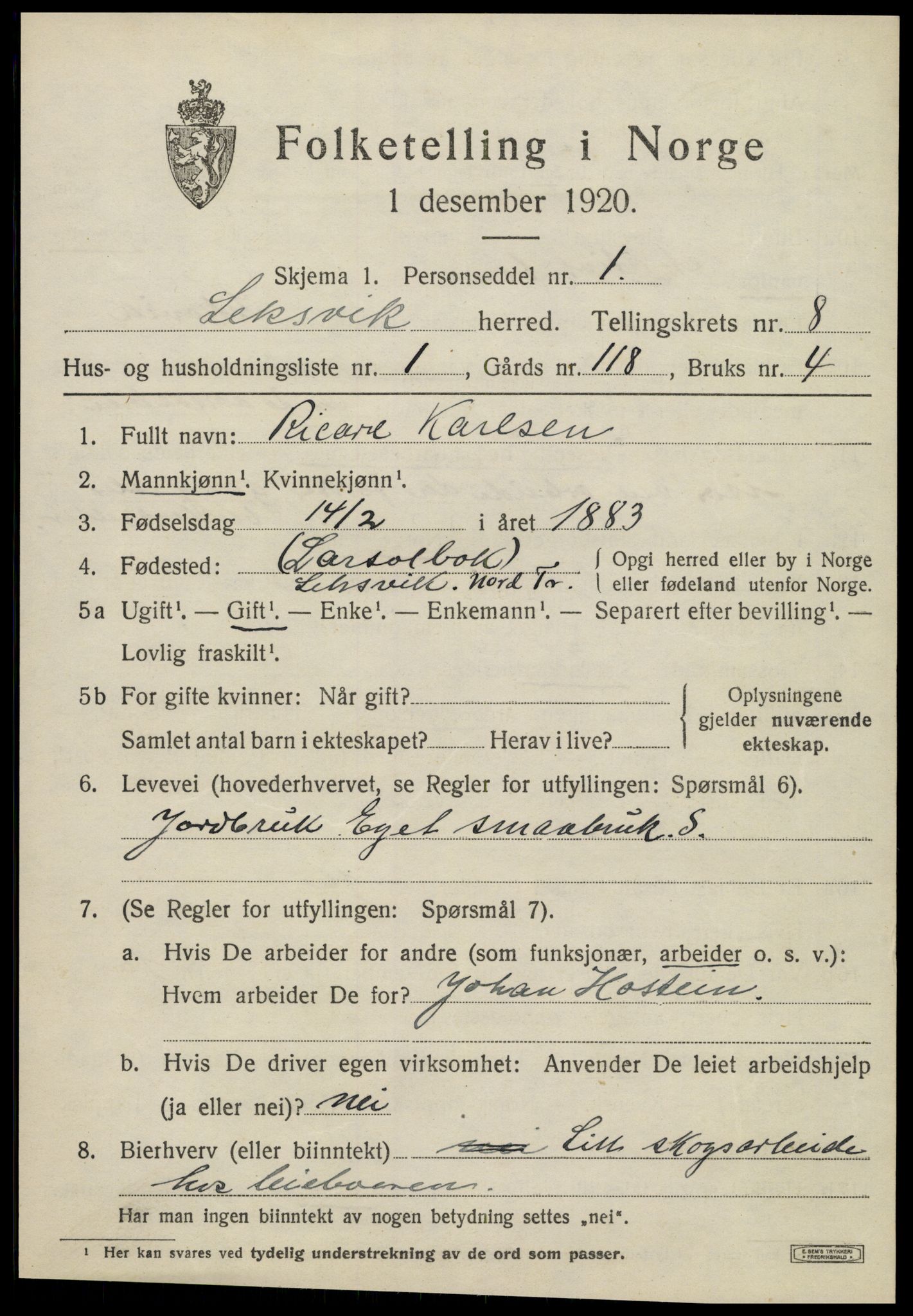 SAT, 1920 census for Leksvik, 1920, p. 6592