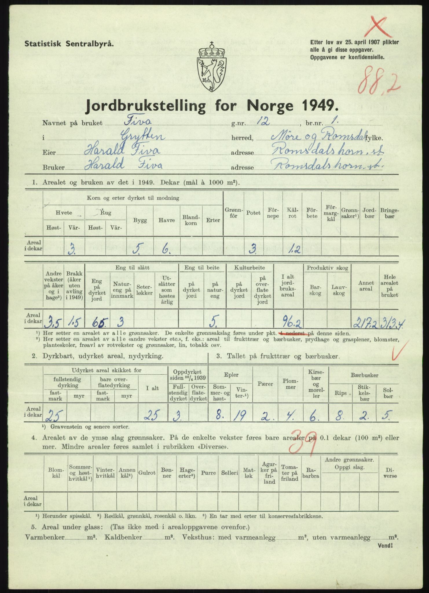 Statistisk sentralbyrå, Næringsøkonomiske emner, Jordbruk, skogbruk, jakt, fiske og fangst, AV/RA-S-2234/G/Gc/L0323: Møre og Romsdal: Grytten og Hen, 1949, p. 321