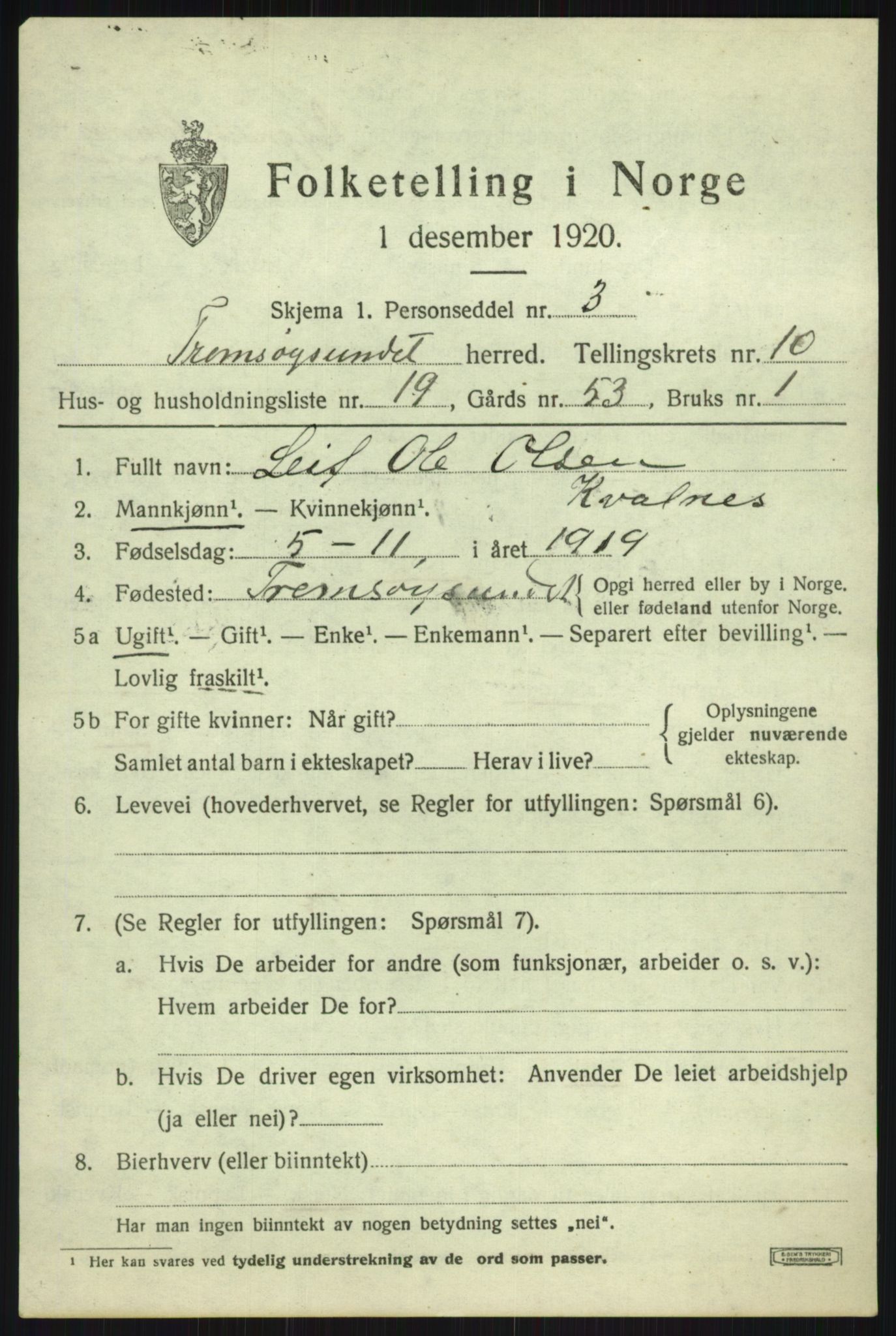 SATØ, 1920 census for Tromsøysund, 1920, p. 7190