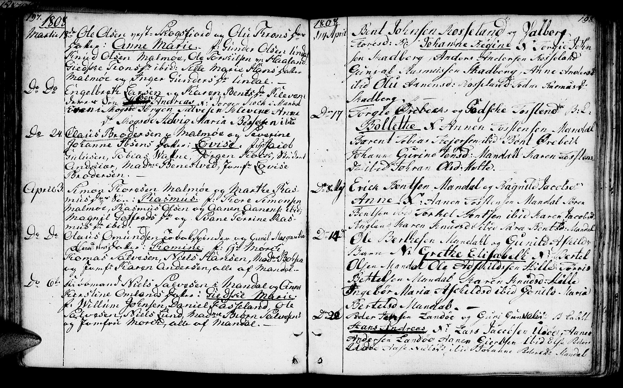 Mandal sokneprestkontor, AV/SAK-1111-0030/F/Fa/Faa/L0008: Parish register (official) no. A 8, 1794-1817, p. 197-198