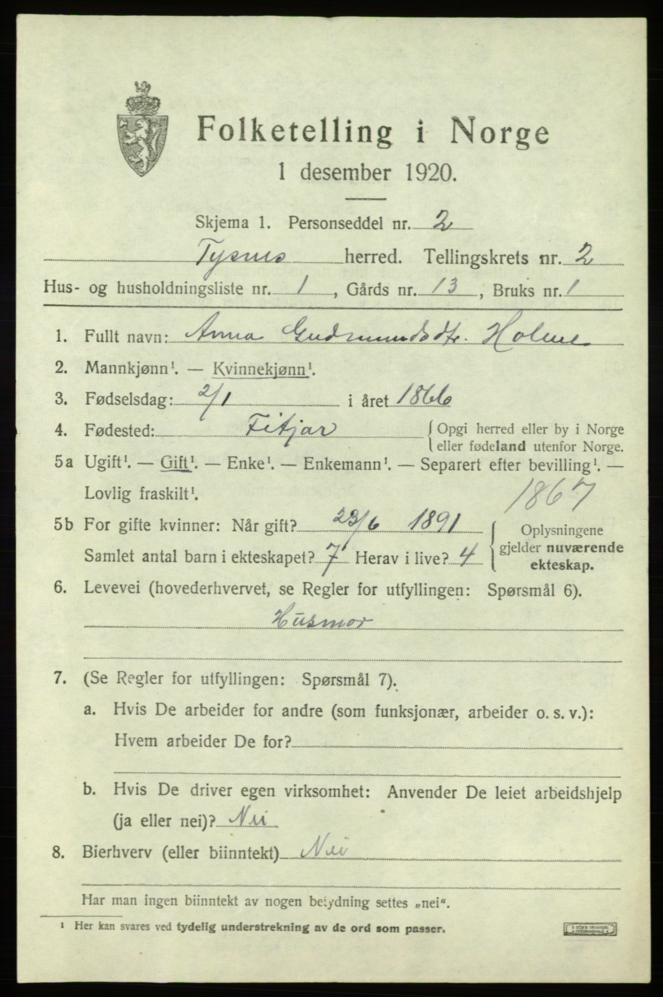 SAB, 1920 census for Tysnes, 1920, p. 2270