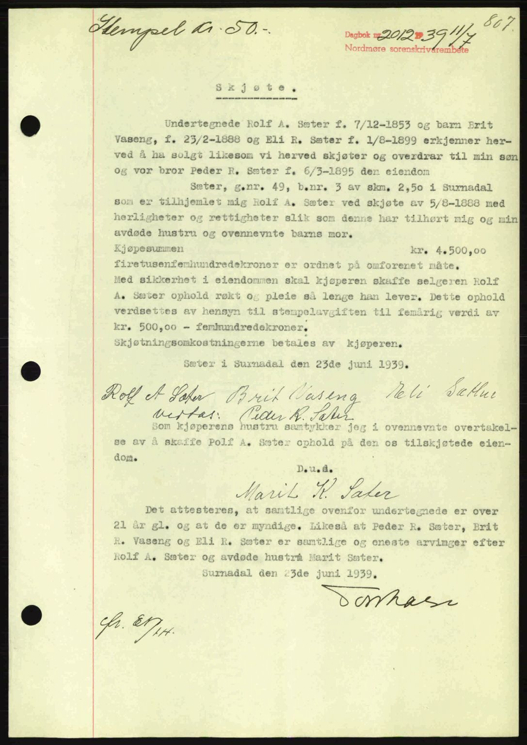 Nordmøre sorenskriveri, AV/SAT-A-4132/1/2/2Ca: Mortgage book no. A86, 1939-1939, Diary no: : 2012/1939