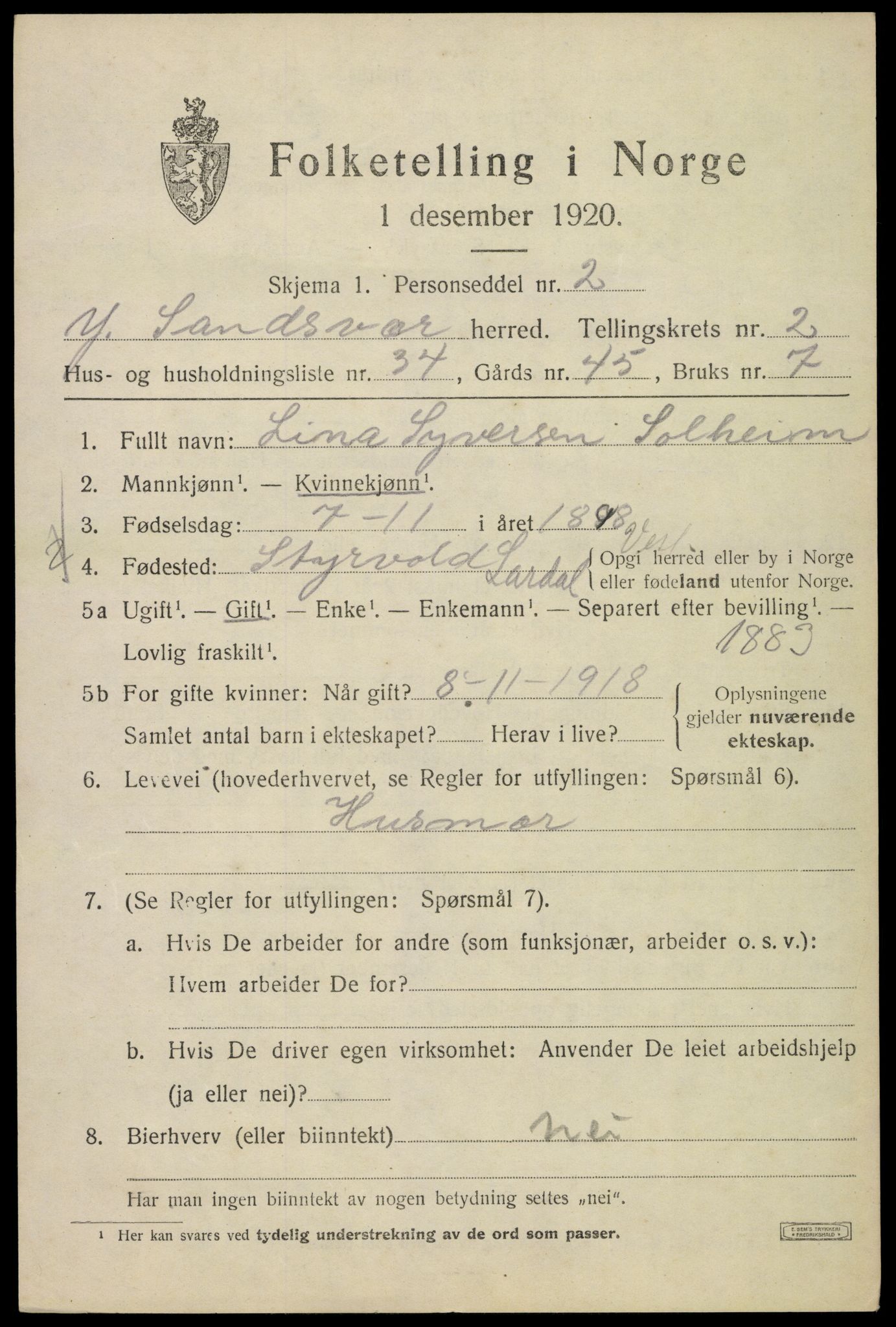 SAKO, 1920 census for Ytre Sandsvær, 1920, p. 3014