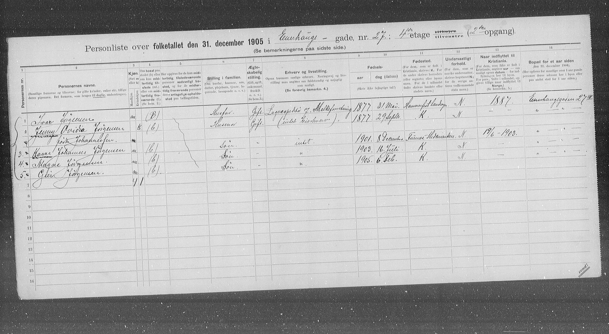 OBA, Municipal Census 1905 for Kristiania, 1905, p. 10963