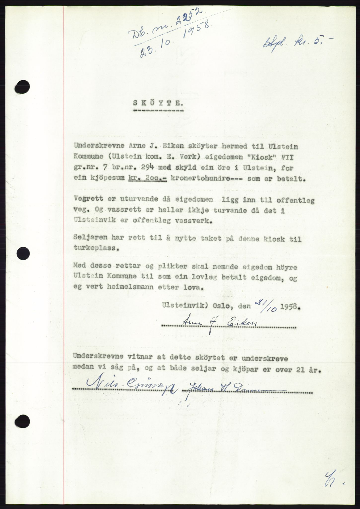 Søre Sunnmøre sorenskriveri, AV/SAT-A-4122/1/2/2C/L0110: Mortgage book no. 36A, 1958-1958, Diary no: : 2252/1958