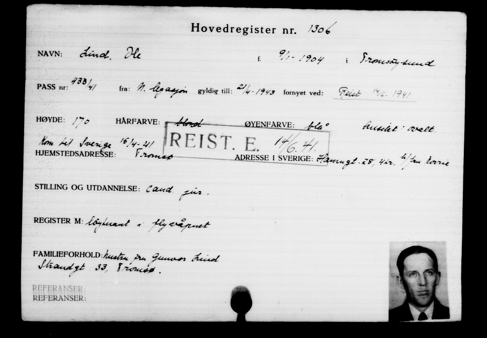 Utenriksstasjonene, Legasjonen i Stockholm, Flyktningkontoret, AV/RA-S-6753/V/Va/L0002: Kjesäterkartoteket, flyktninger med registreringsnr. 1001-2000, 1940-1945, p. 445