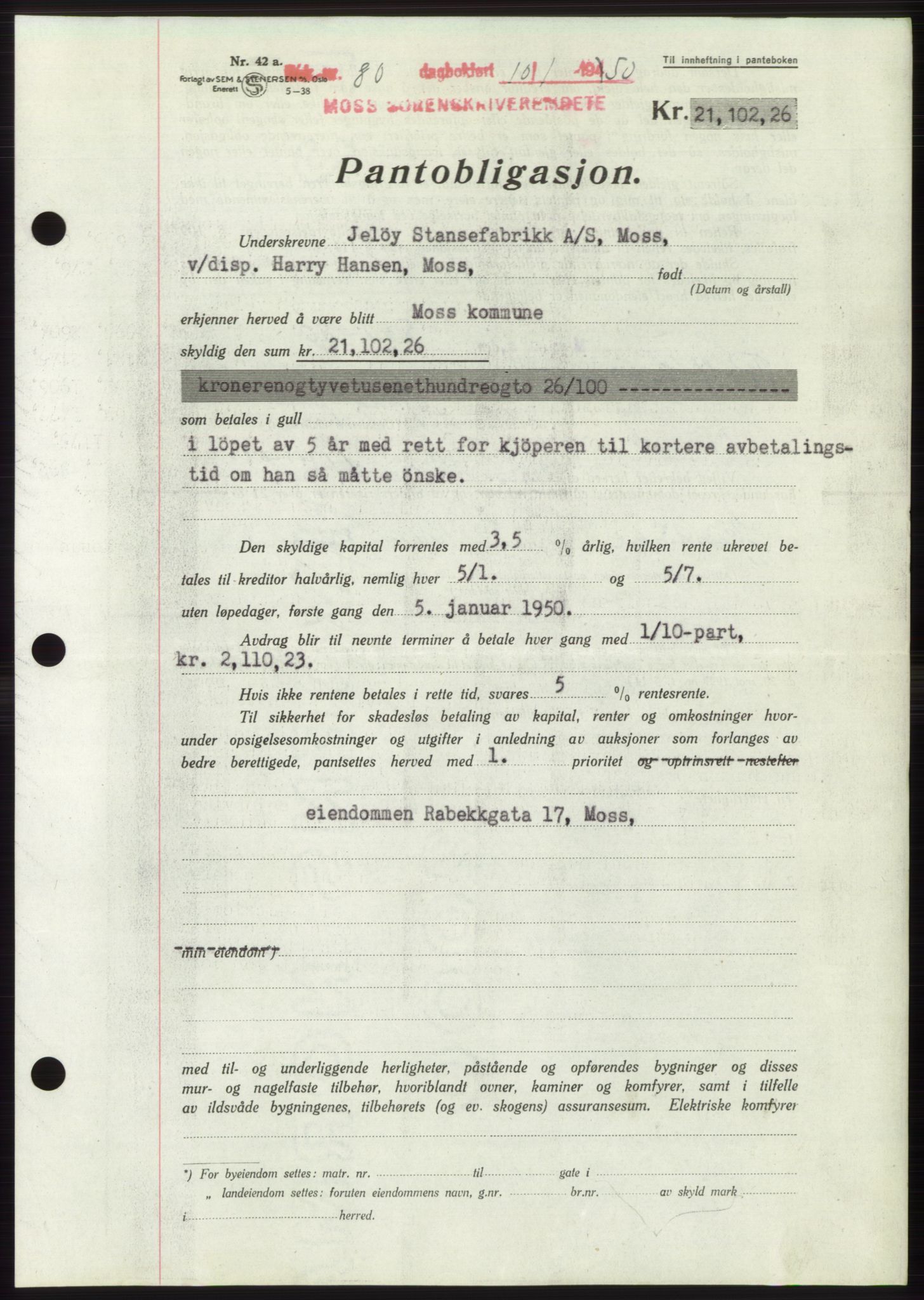 Moss sorenskriveri, SAO/A-10168: Mortgage book no. B23, 1949-1950, Diary no: : 80/1950