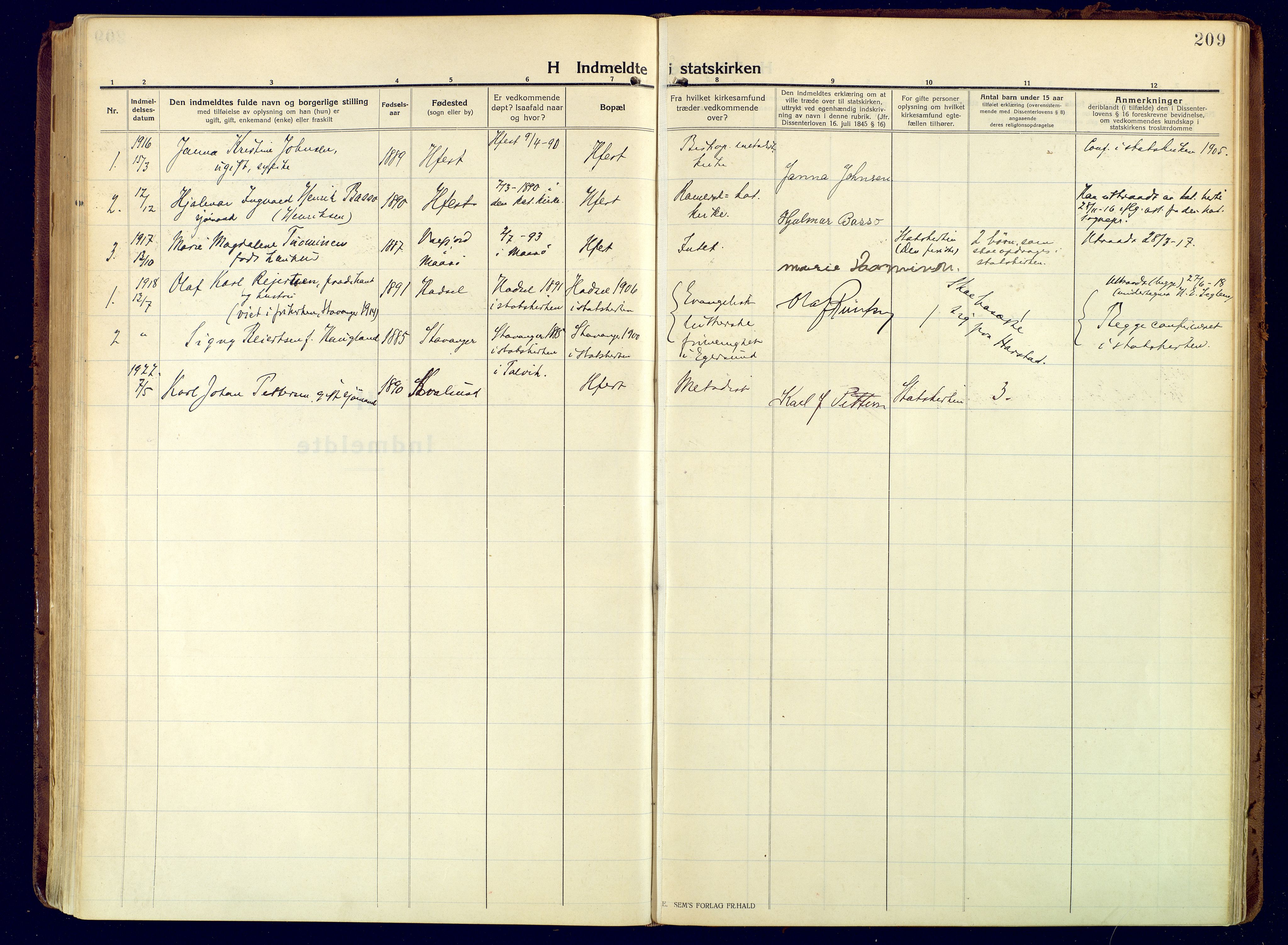 Hammerfest sokneprestkontor, SATØ/S-1347/H/Ha/L0015.kirke: Parish register (official) no. 15, 1916-1923, p. 209