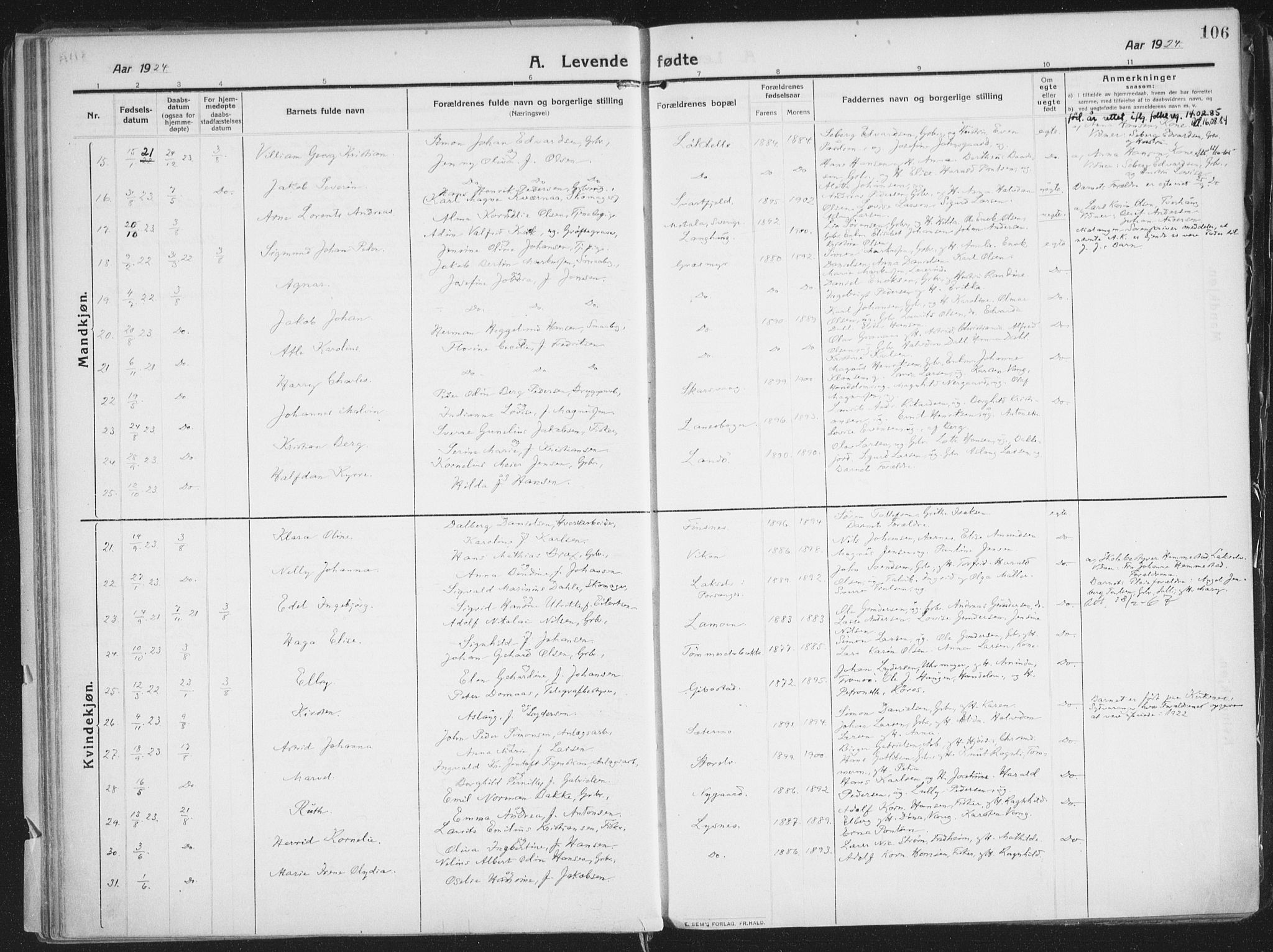 Lenvik sokneprestembete, AV/SATØ-S-1310/H/Ha/Haa/L0016kirke: Parish register (official) no. 16, 1910-1924, p. 106