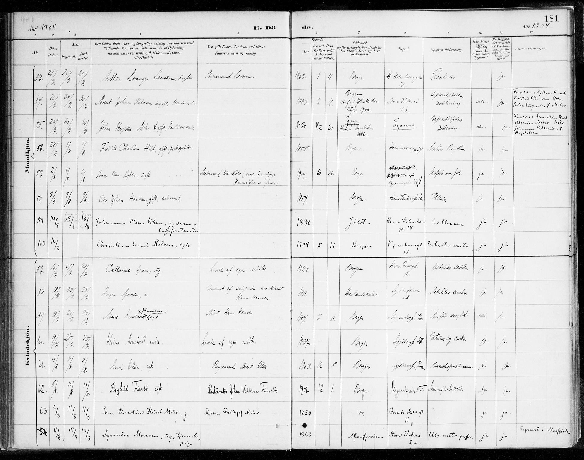 Johanneskirken sokneprestembete, SAB/A-76001/H/Haa/L0019: Parish register (official) no. E 1, 1885-1915, p. 181