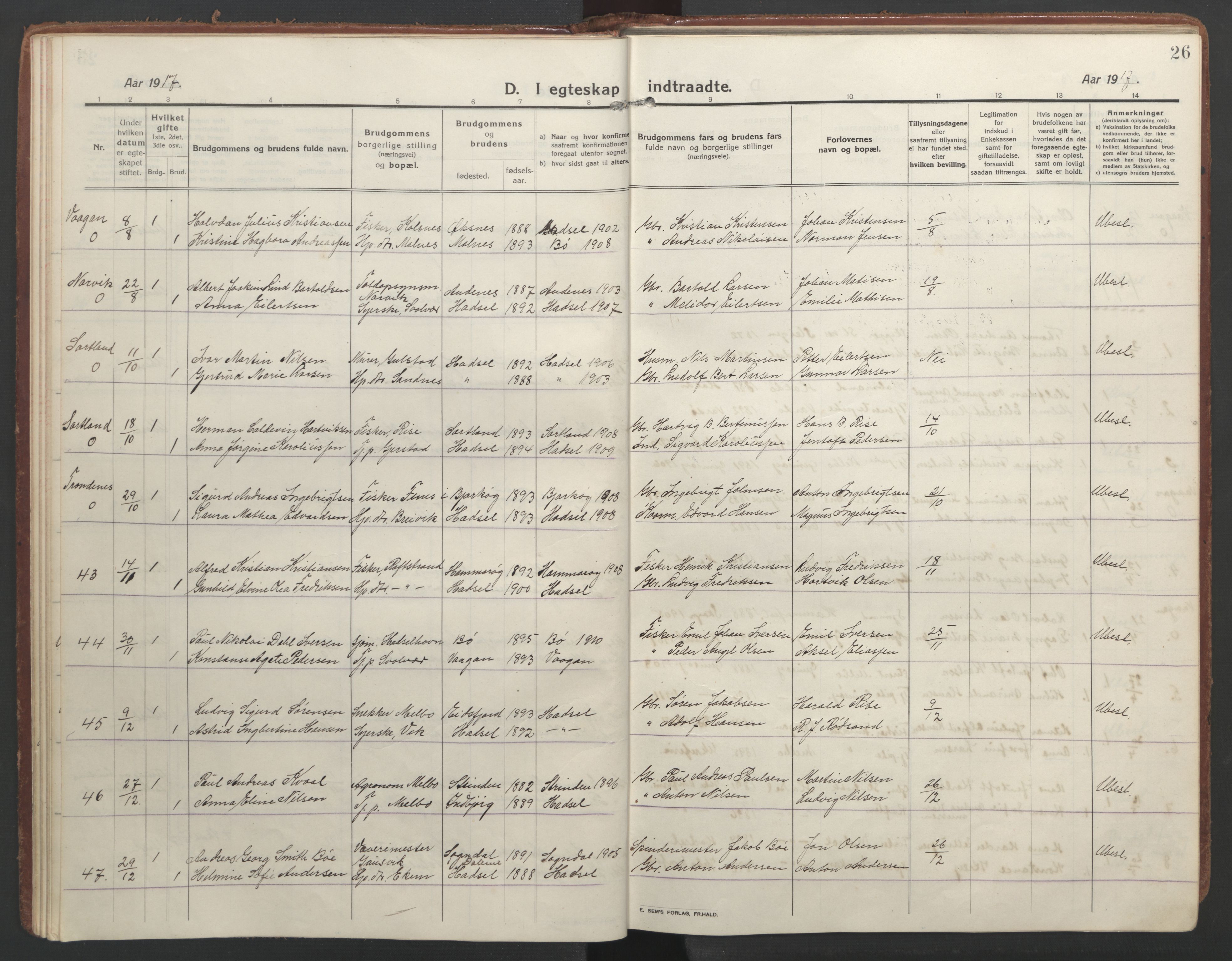 Ministerialprotokoller, klokkerbøker og fødselsregistre - Nordland, AV/SAT-A-1459/888/L1251: Parish register (official) no. 888A17, 1913-1925, p. 26