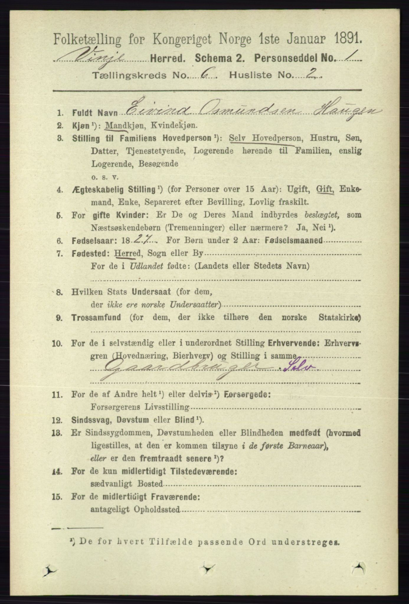 RA, 1891 census for 0834 Vinje, 1891, p. 1422