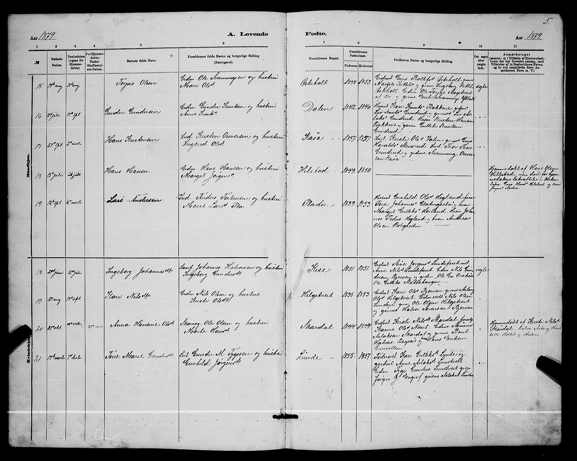Lunde kirkebøker, SAKO/A-282/G/Ga/L0001b: Parish register (copy) no. I 1, 1879-1887, p. 5