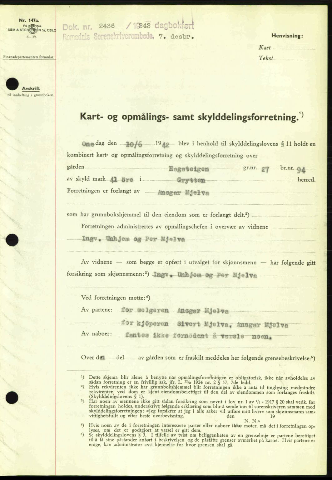 Romsdal sorenskriveri, AV/SAT-A-4149/1/2/2C: Mortgage book no. A13, 1942-1943, Diary no: : 2436/1942