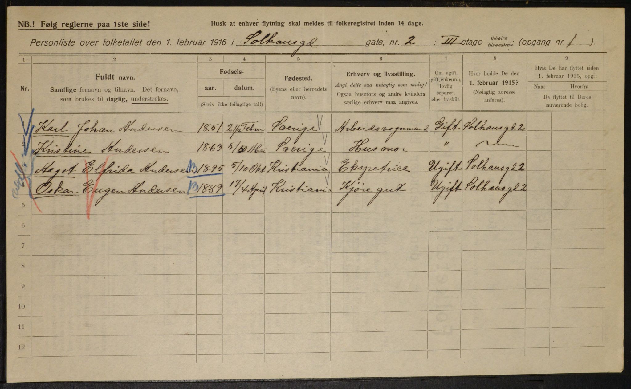 OBA, Municipal Census 1916 for Kristiania, 1916, p. 101894