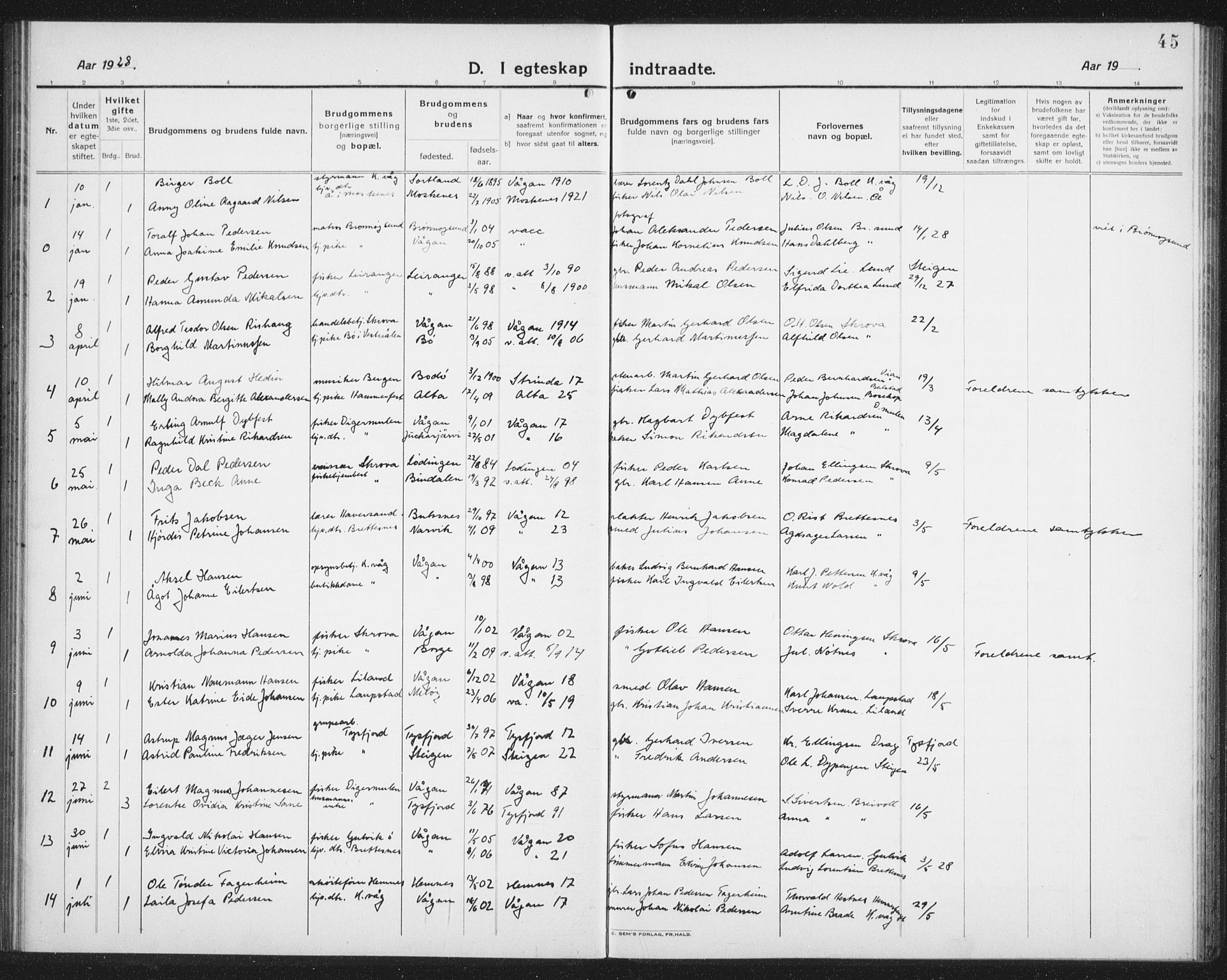 Ministerialprotokoller, klokkerbøker og fødselsregistre - Nordland, SAT/A-1459/874/L1082: Parish register (copy) no. 874C11, 1920-1939, p. 45