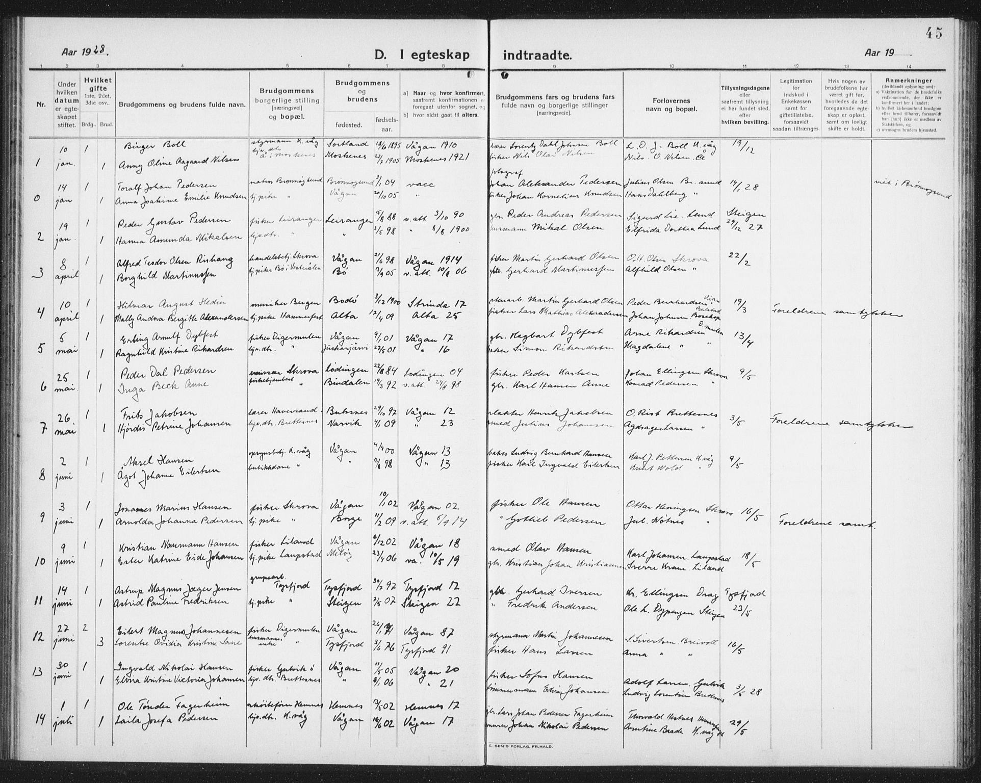 Ministerialprotokoller, klokkerbøker og fødselsregistre - Nordland, AV/SAT-A-1459/874/L1082: Parish register (copy) no. 874C11, 1920-1939, p. 45