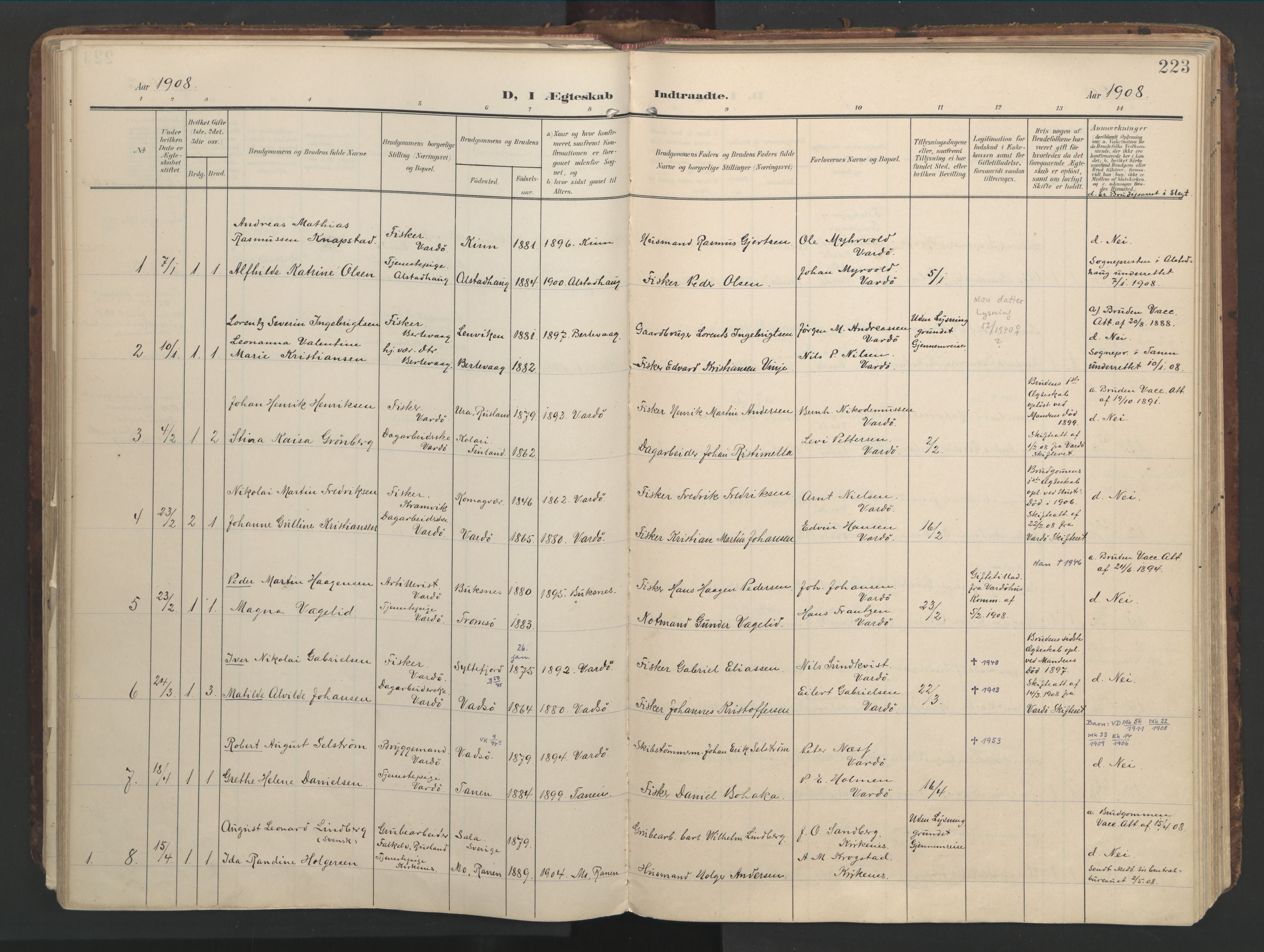 Vardø sokneprestkontor, SATØ/S-1332/H/Ha/L0012kirke: Parish register (official) no. 12, 1907-1921, p. 223