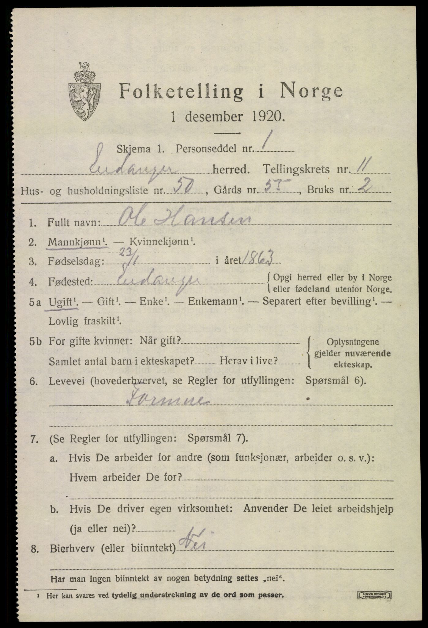 SAKO, 1920 census for Eidanger, 1920, p. 7192