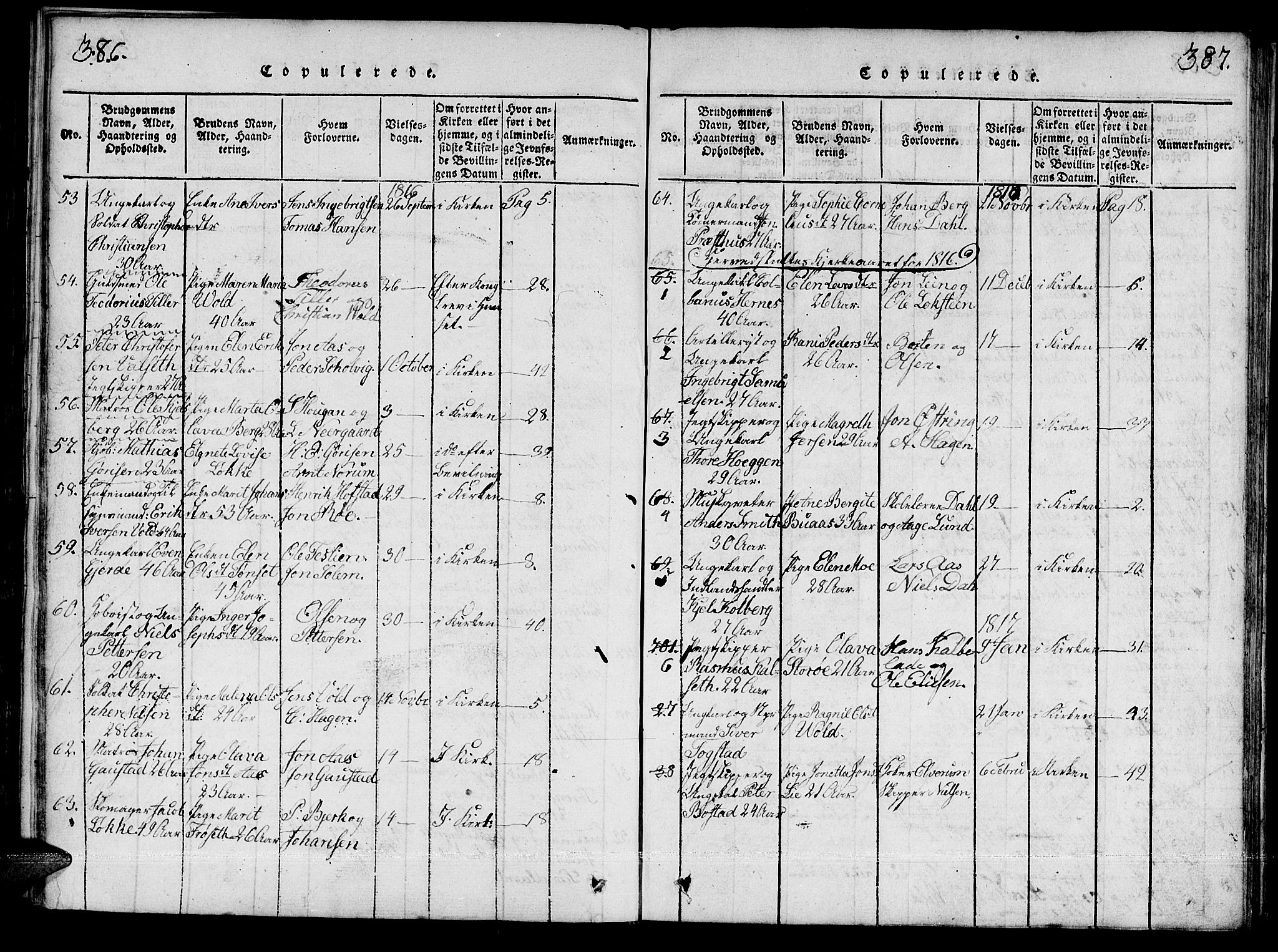 Ministerialprotokoller, klokkerbøker og fødselsregistre - Sør-Trøndelag, SAT/A-1456/601/L0043: Parish register (official) no. 601A11, 1815-1821, p. 386-387