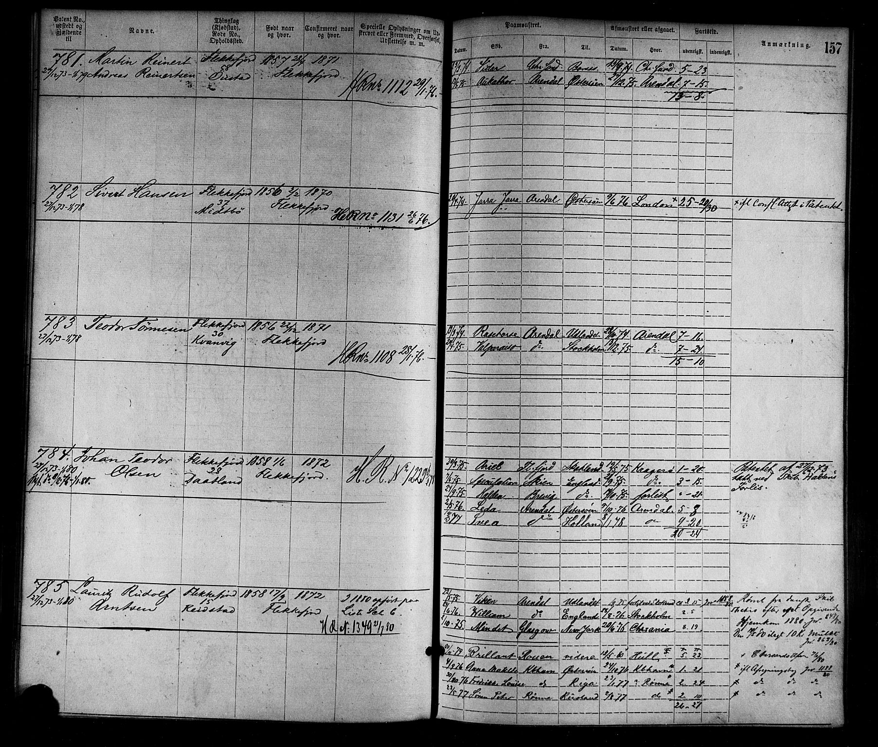 Flekkefjord mønstringskrets, SAK/2031-0018/F/Fa/L0002: Annotasjonsrulle nr 1-1920 med register, N-2, 1870-1891, p. 182
