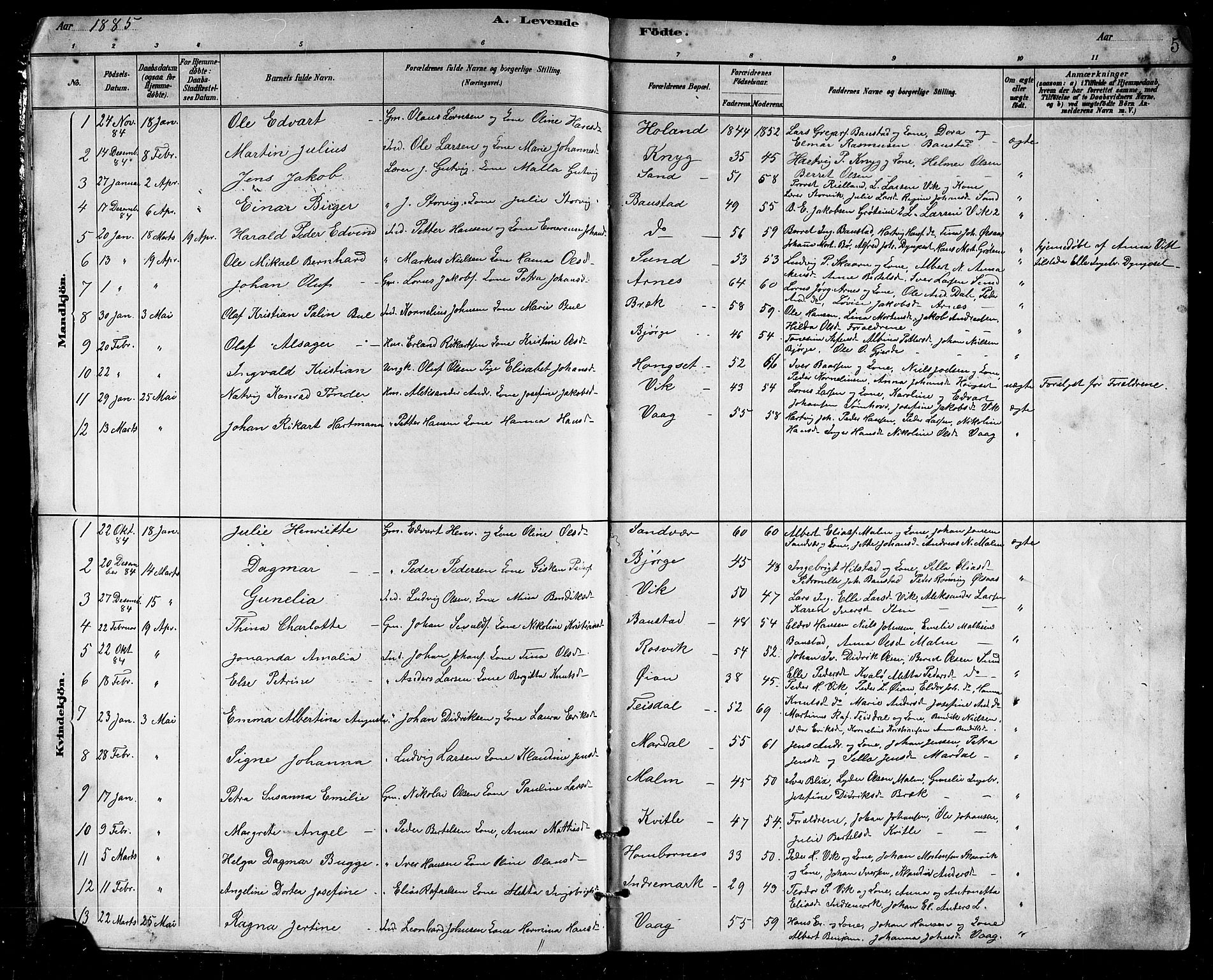 Ministerialprotokoller, klokkerbøker og fødselsregistre - Nordland, SAT/A-1459/812/L0188: Parish register (copy) no. 812C06, 1884-1912, p. 5