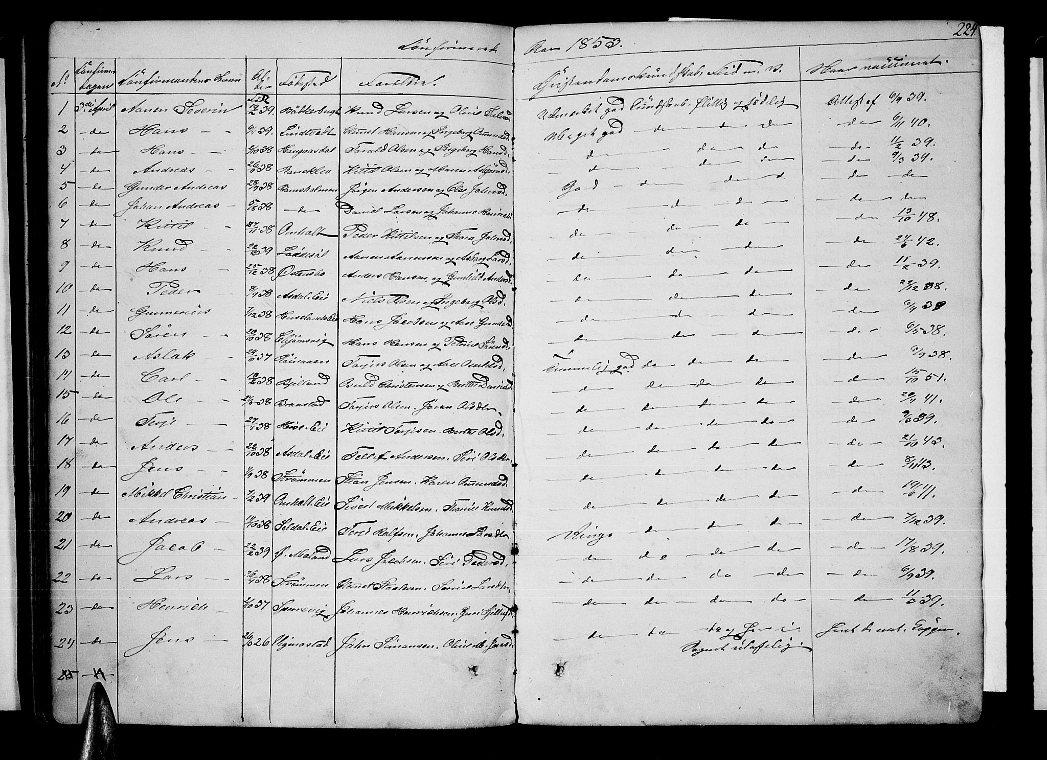 Øyestad sokneprestkontor, SAK/1111-0049/F/Fb/L0006: Parish register (copy) no. B 6, 1843-1854, p. 224