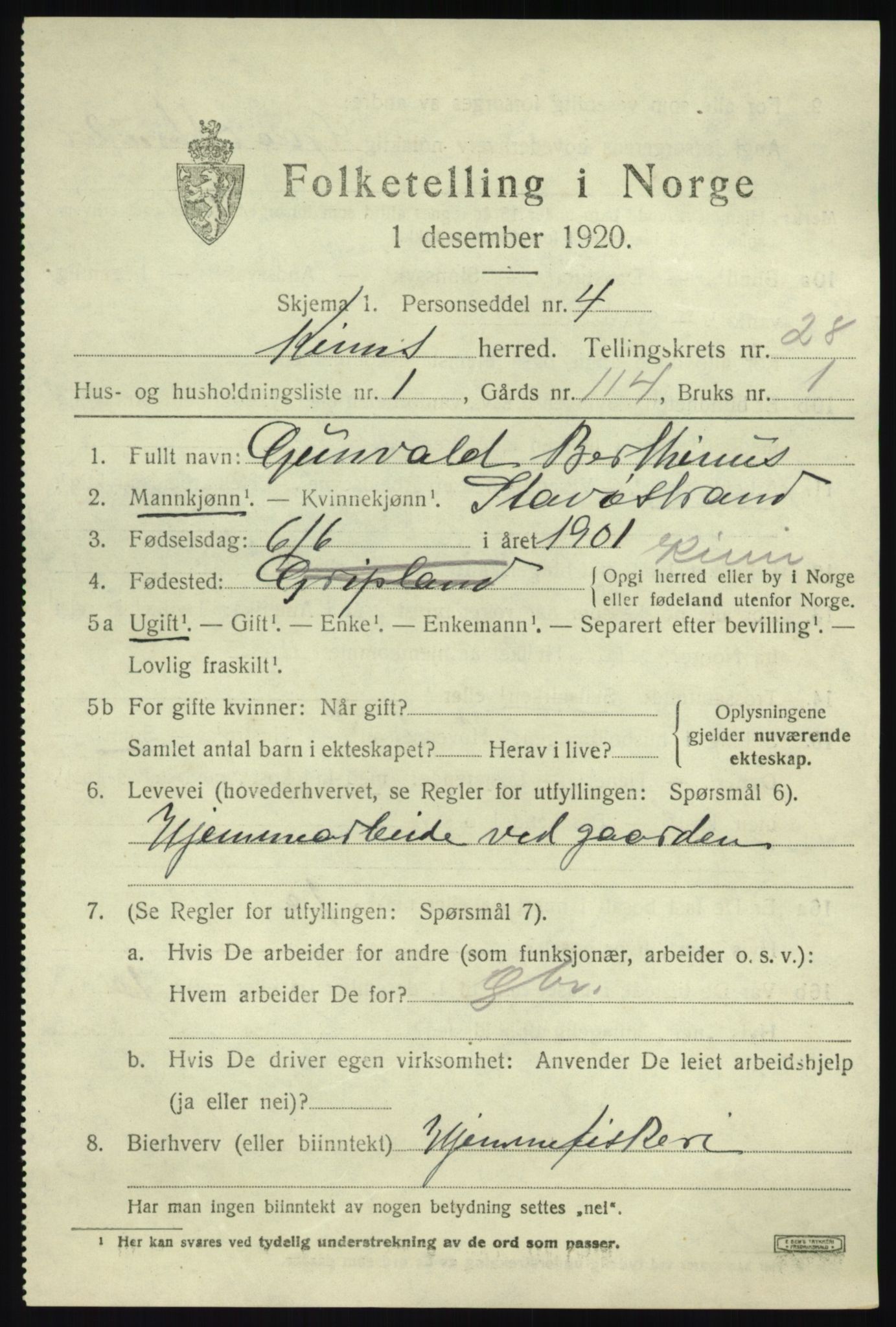 SAB, 1920 census for Kinn, 1920, p. 9559