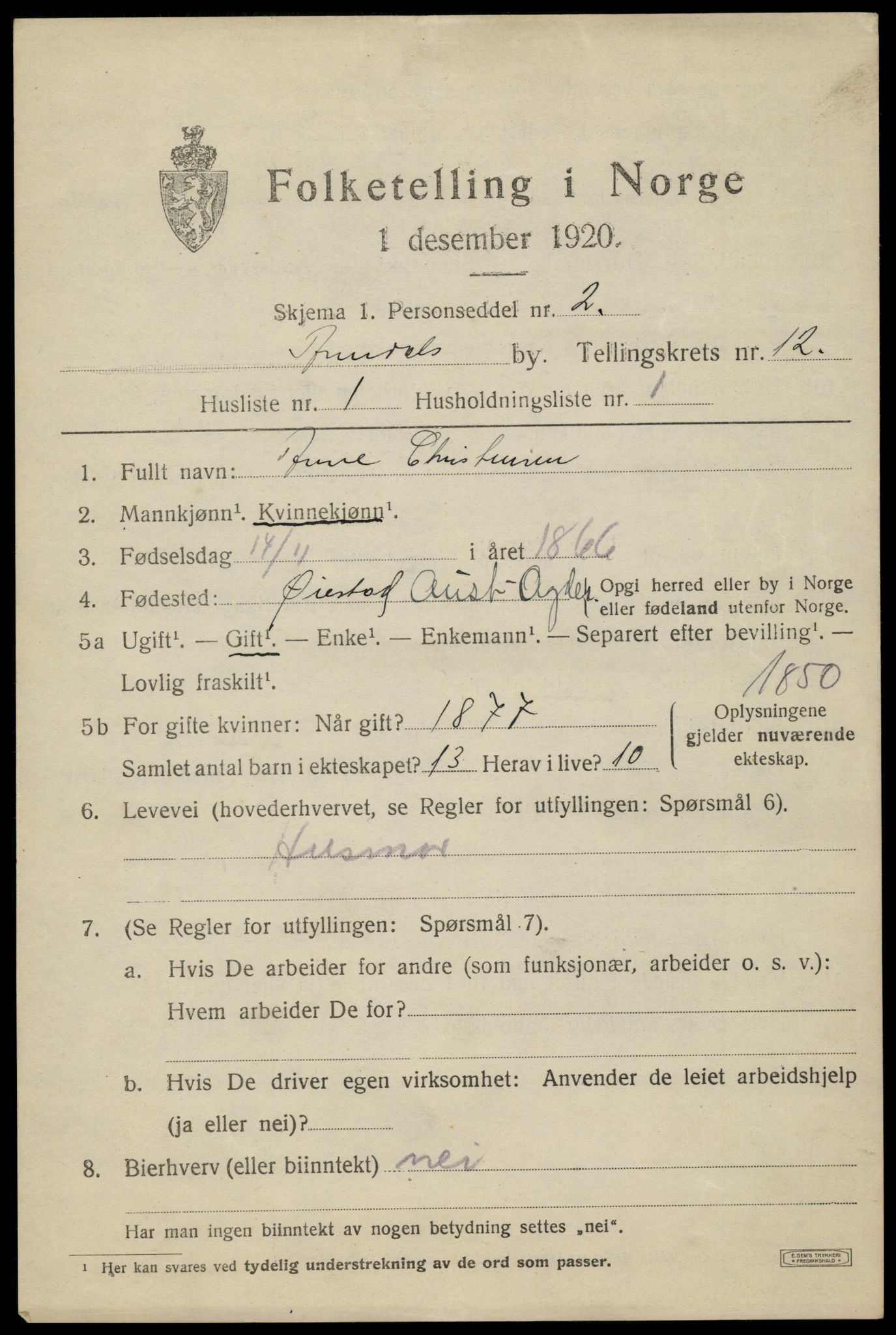 SAK, 1920 census for Arendal, 1920, p. 19052