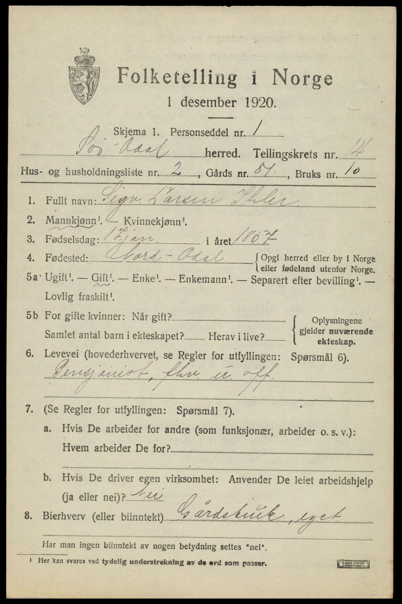 SAH, 1920 census for Sør-Odal, 1920, p. 13927