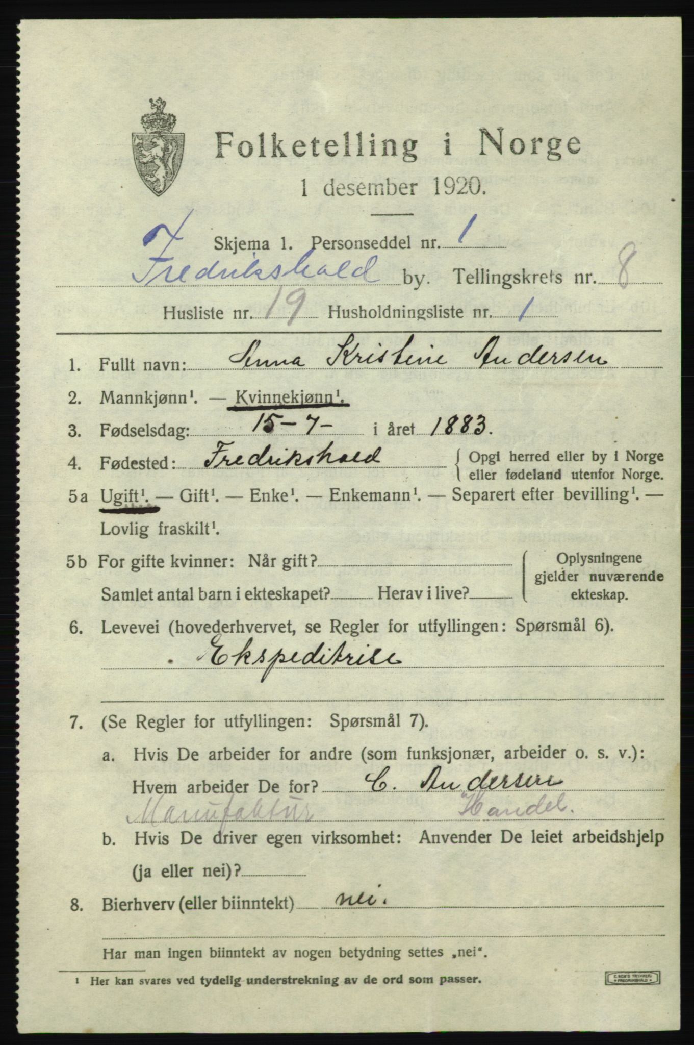 SAO, 1920 census for Fredrikshald, 1920, p. 15089