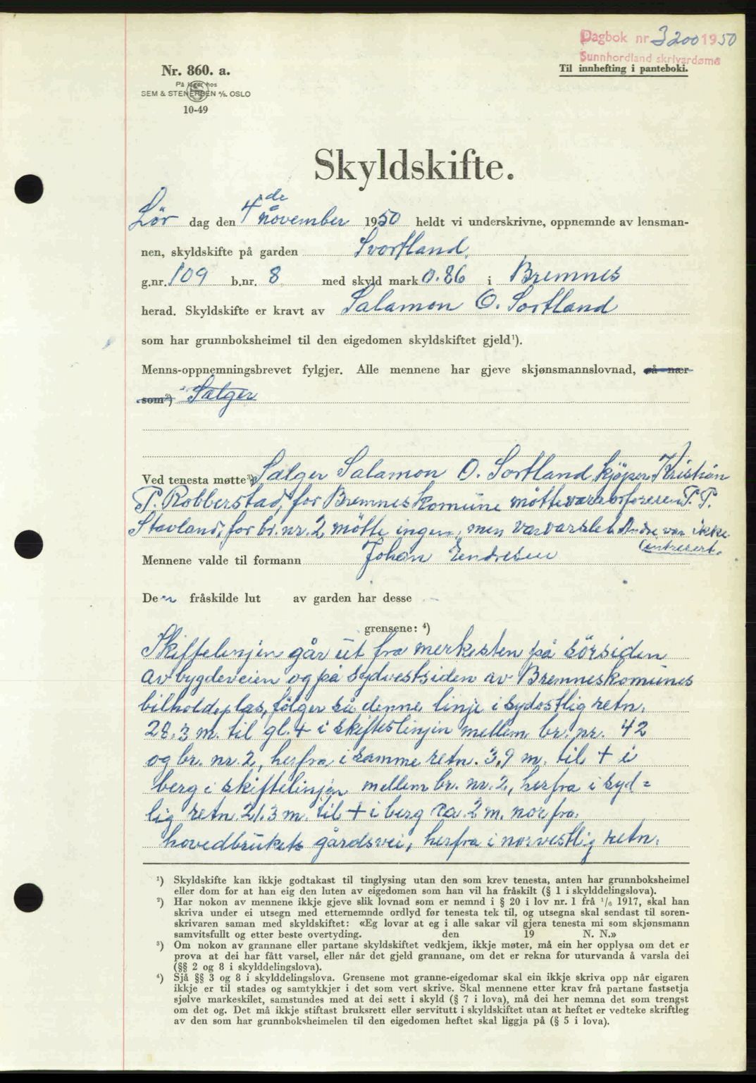 Sunnhordland sorenskrivar, AV/SAB-A-2401: Mortgage book no. A95, 1950-1950, Diary no: : 3200/1950