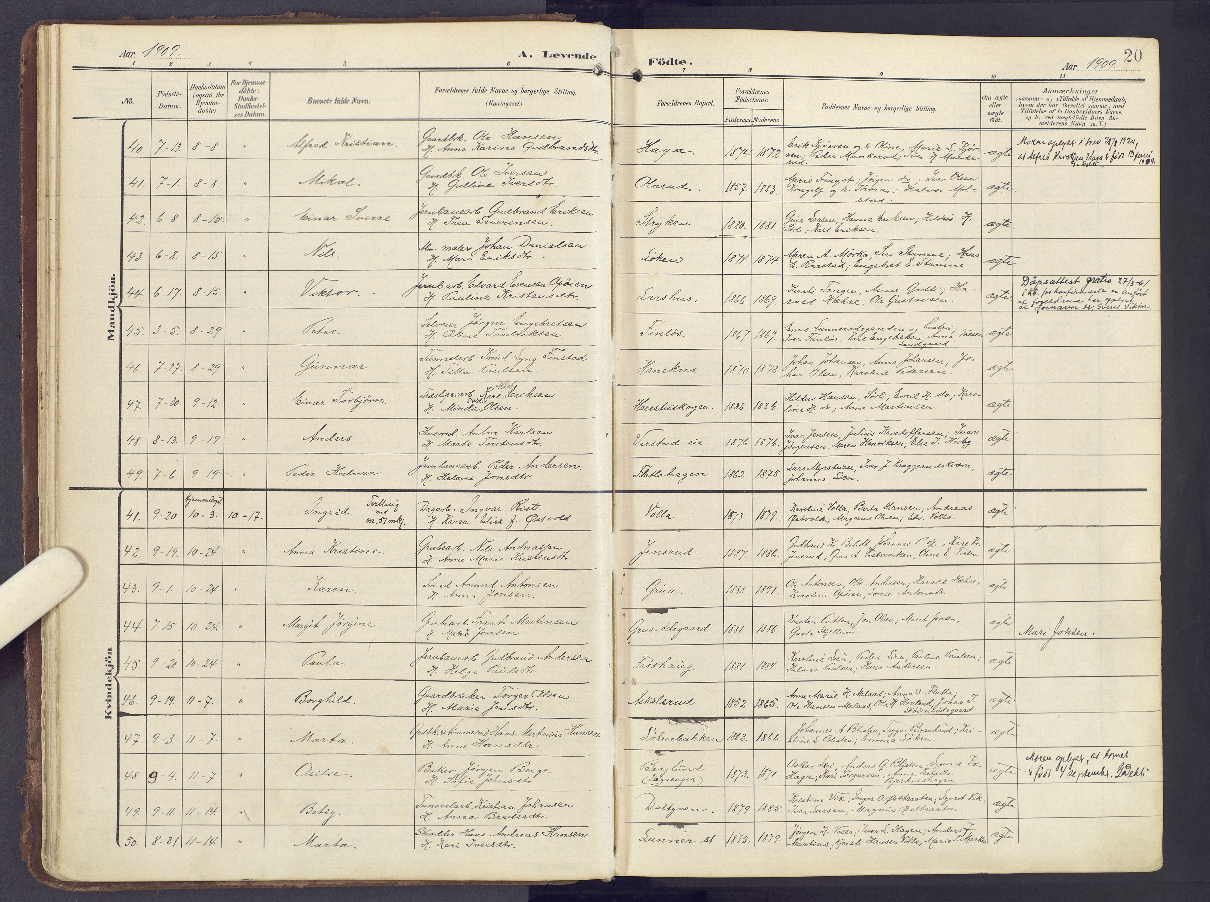 Lunner prestekontor, AV/SAH-PREST-118/H/Ha/Haa/L0001: Parish register (official) no. 1, 1907-1922, p. 20