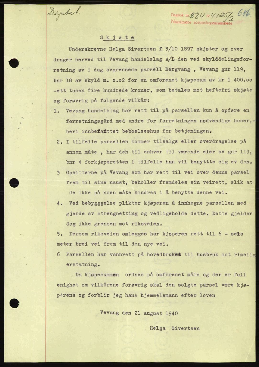 Nordmøre sorenskriveri, SAT/A-4132/1/2/2Ca: Mortgage book no. A89, 1940-1941, Diary no: : 334/1941
