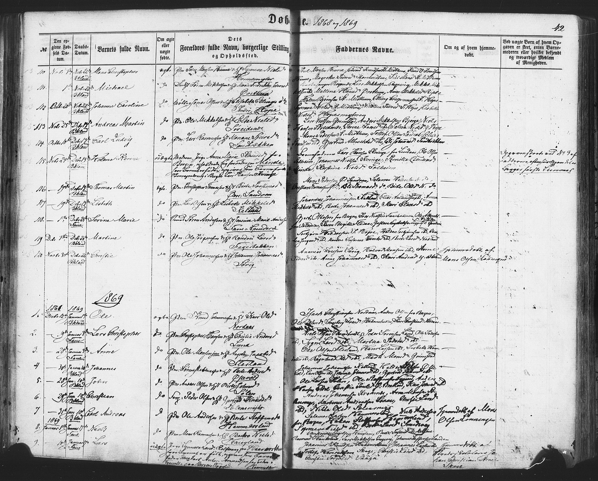 Fana Sokneprestembete, SAB/A-75101/H/Haa/Haaa/L0012: Parish register (official) no. A 12, 1862-1878, p. 42