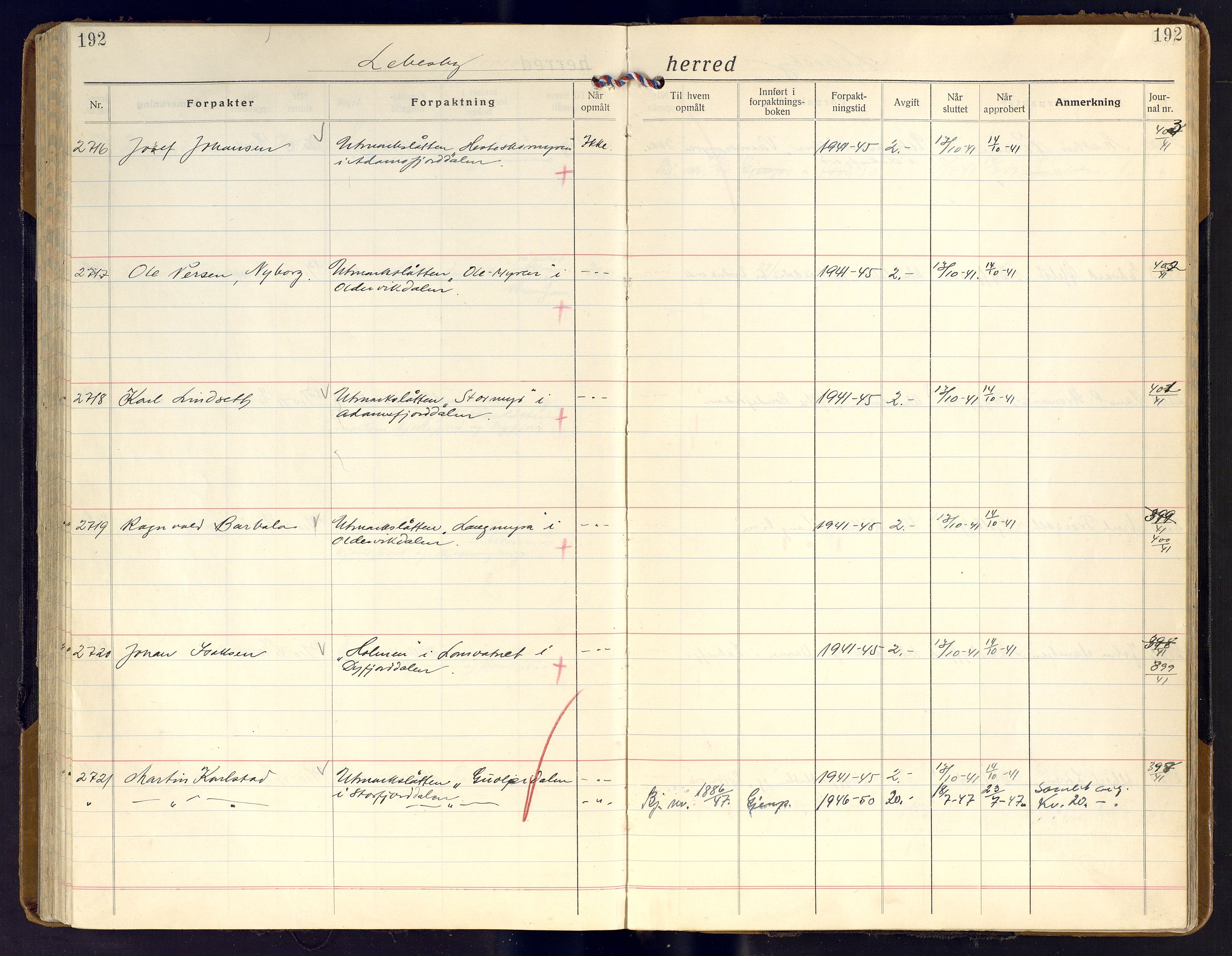 Finnmark jordsalgskommisjon/jordsalgskontor og Statskog SF Finnmark jordsalgskontor, AV/SATØ-S-1443/J/Ja/L0011: Forpaktningsbok for Finnmark II, 1921-1948, p. 192