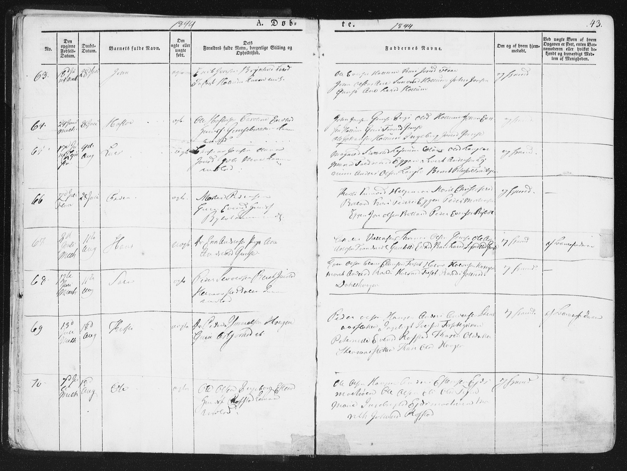 Ministerialprotokoller, klokkerbøker og fødselsregistre - Sør-Trøndelag, AV/SAT-A-1456/691/L1074: Parish register (official) no. 691A06, 1842-1852, p. 43