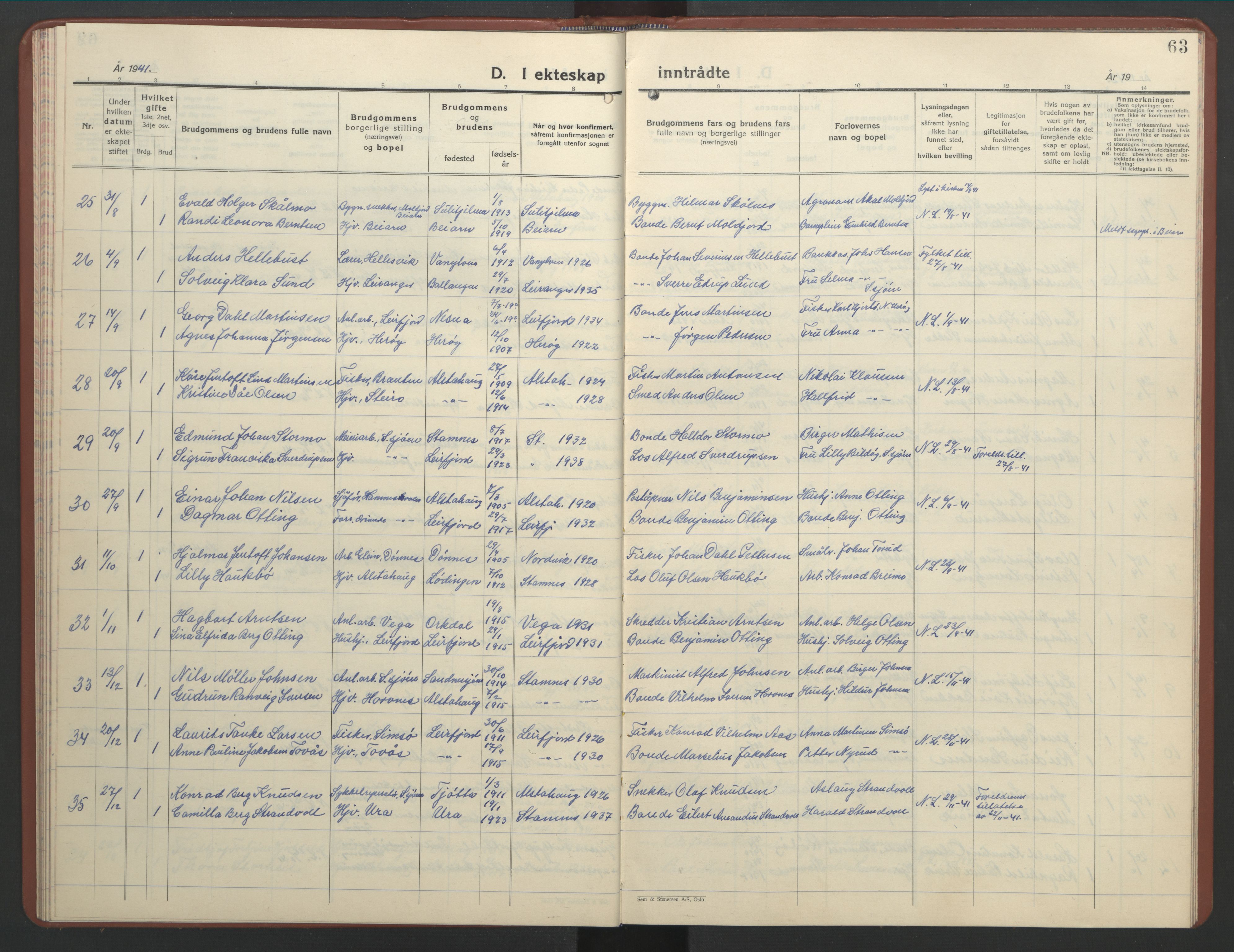 Ministerialprotokoller, klokkerbøker og fødselsregistre - Nordland, AV/SAT-A-1459/831/L0481: Parish register (copy) no. 831C08, 1935-1948, p. 63