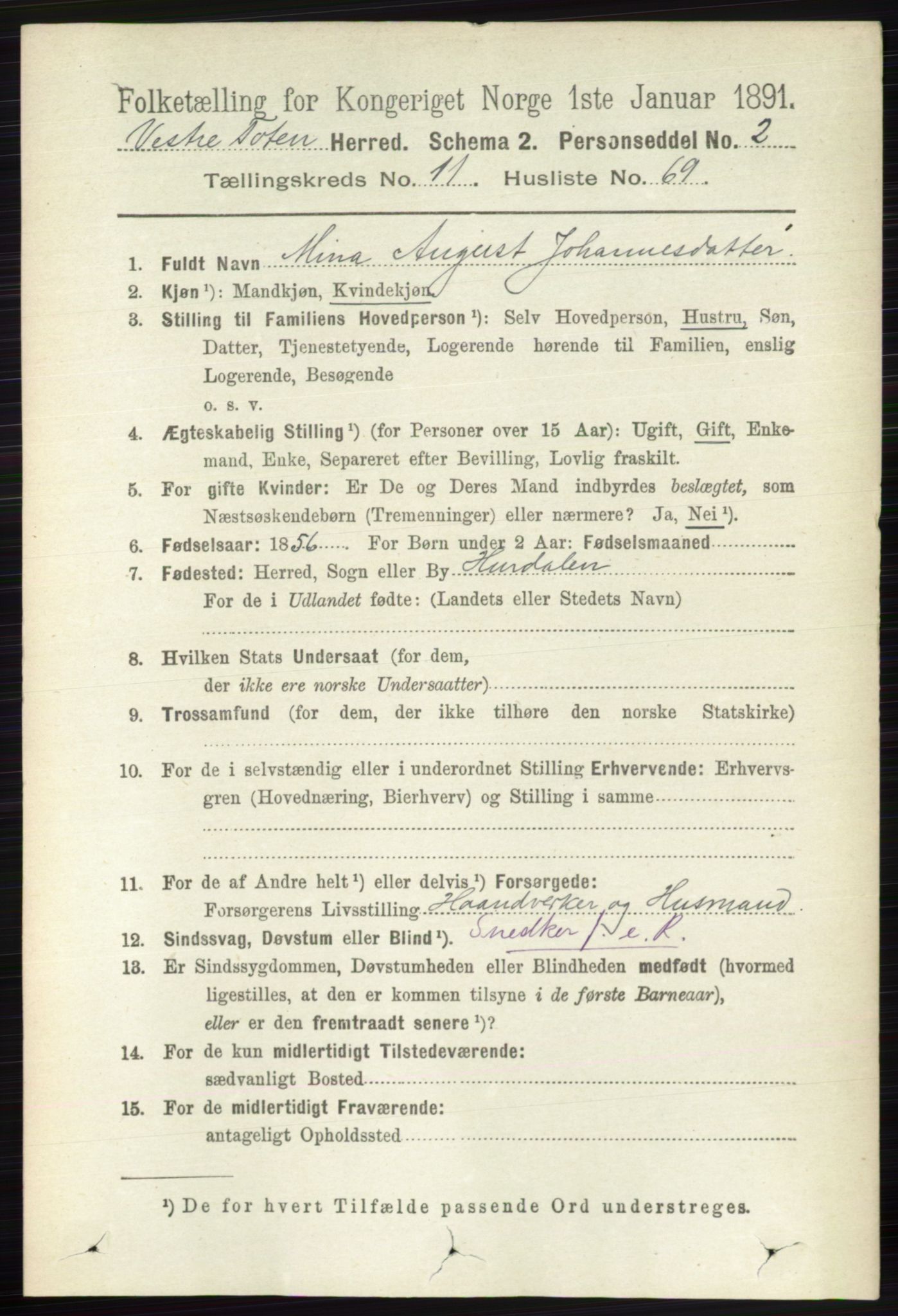 RA, 1891 census for 0529 Vestre Toten, 1891, p. 7123