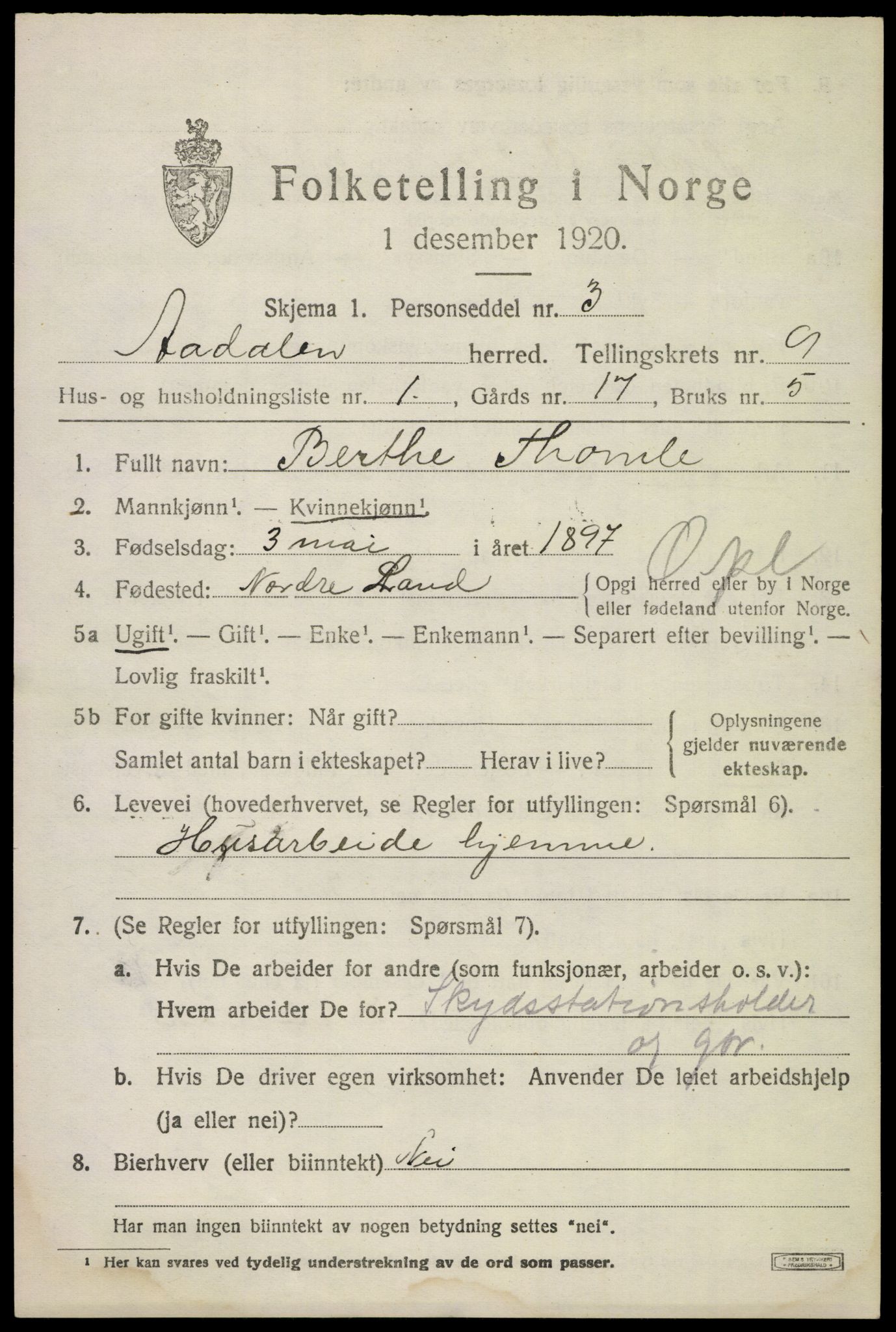 SAKO, 1920 census for Ådal, 1920, p. 5970