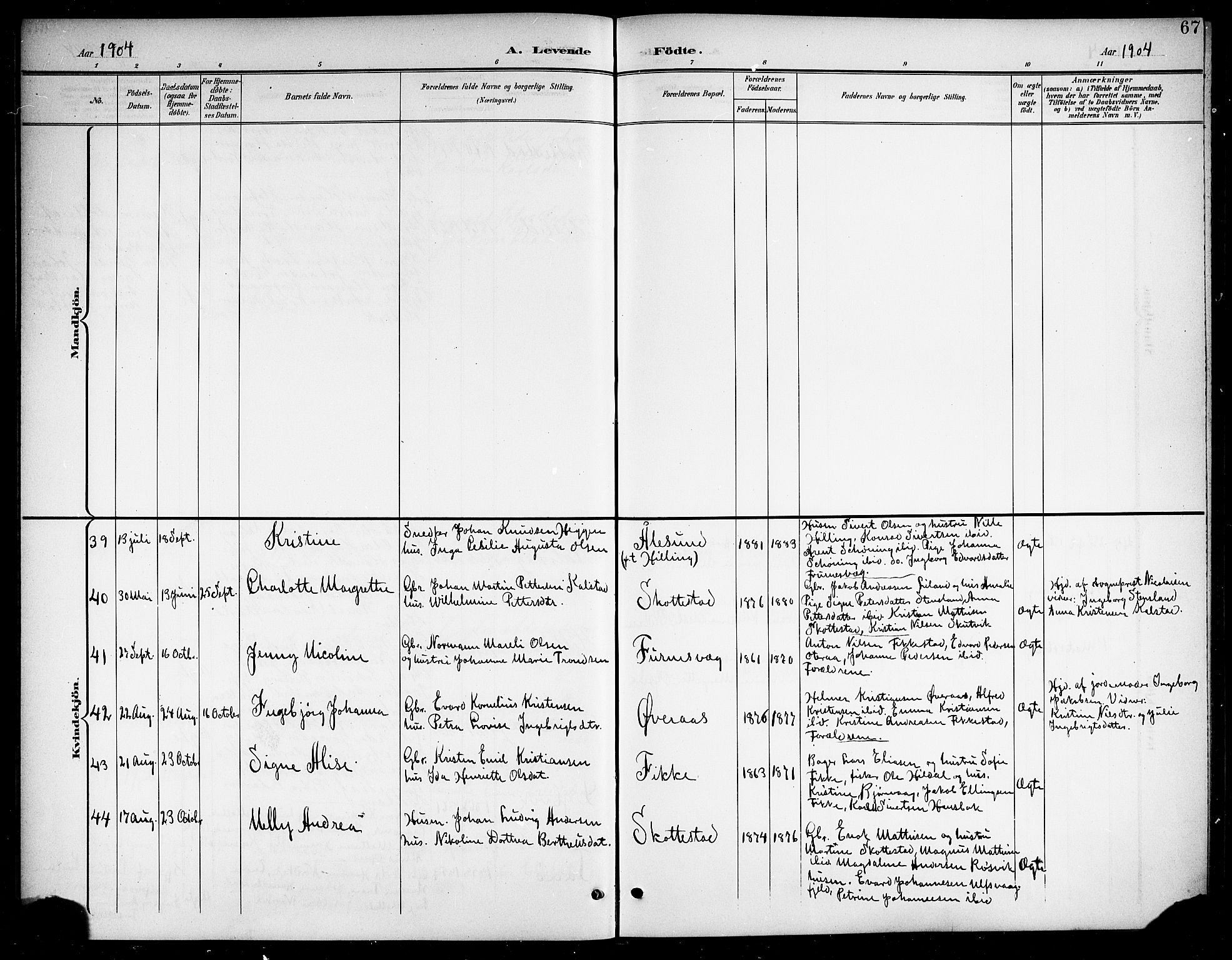 Ministerialprotokoller, klokkerbøker og fødselsregistre - Nordland, AV/SAT-A-1459/859/L0860: Parish register (copy) no. 859C06, 1899-1909, p. 67