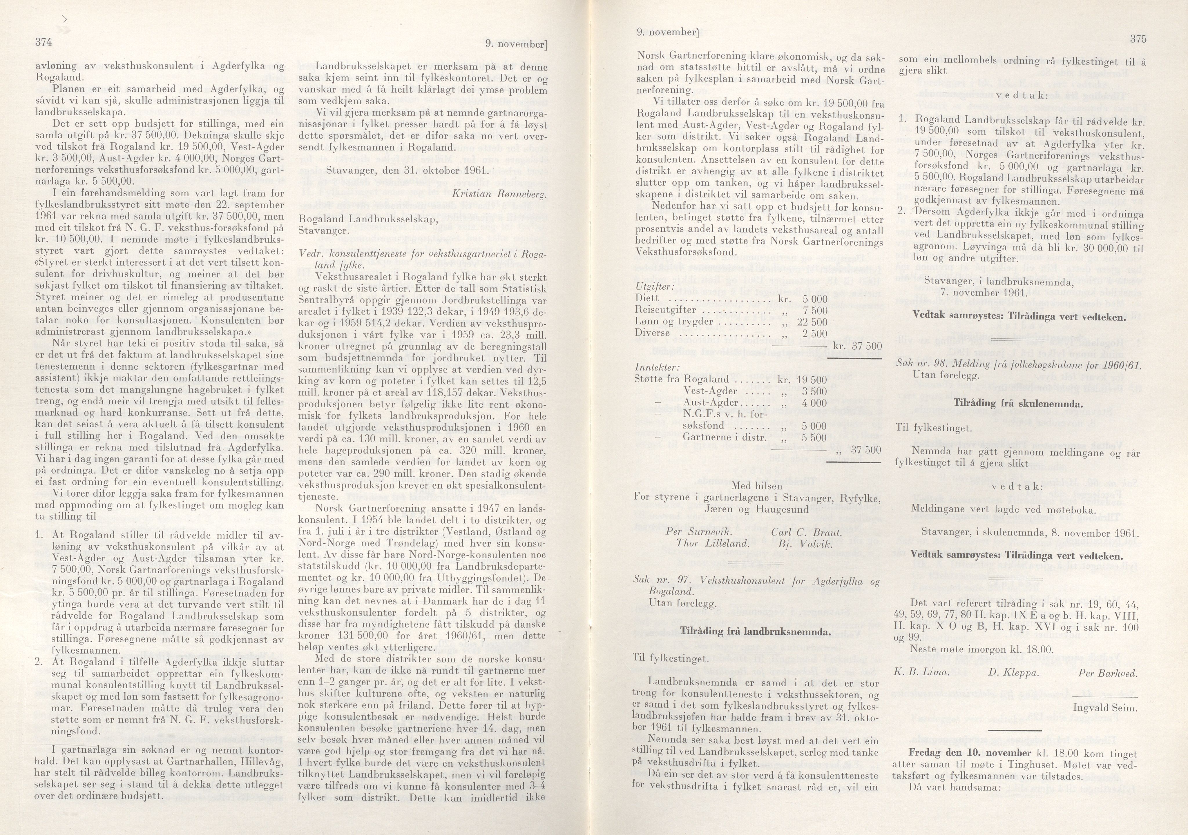 Rogaland fylkeskommune - Fylkesrådmannen , IKAR/A-900/A/Aa/Aaa/L0081: Møtebok , 1961, p. 374-375