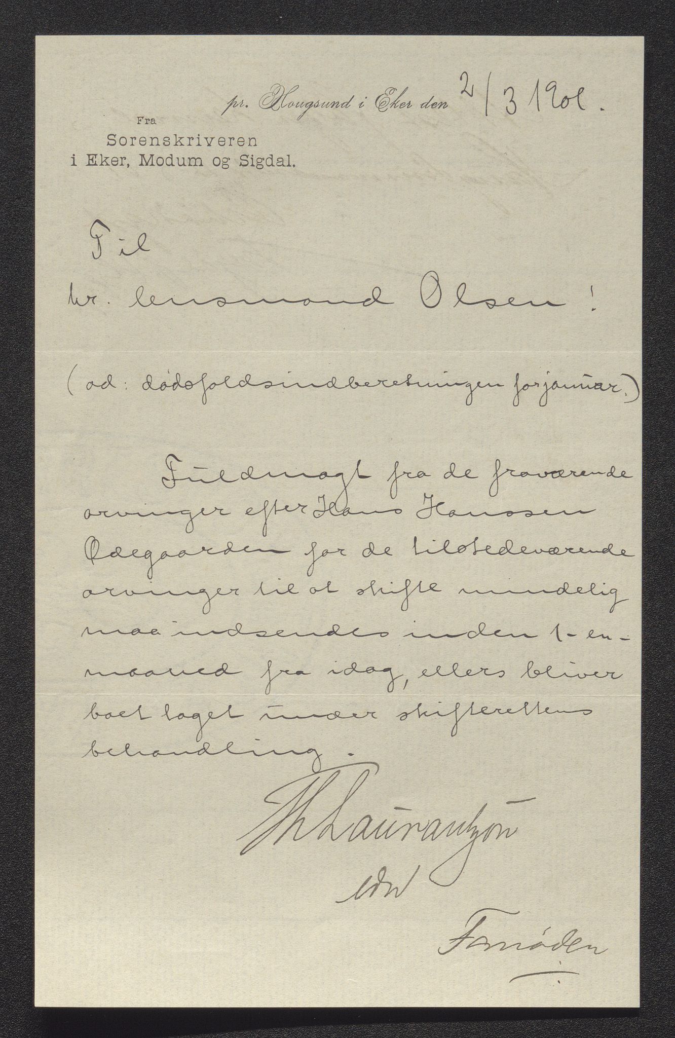 Eiker, Modum og Sigdal sorenskriveri, AV/SAKO-A-123/H/Ha/Hab/L0028: Dødsfallsmeldinger, 1901, p. 8