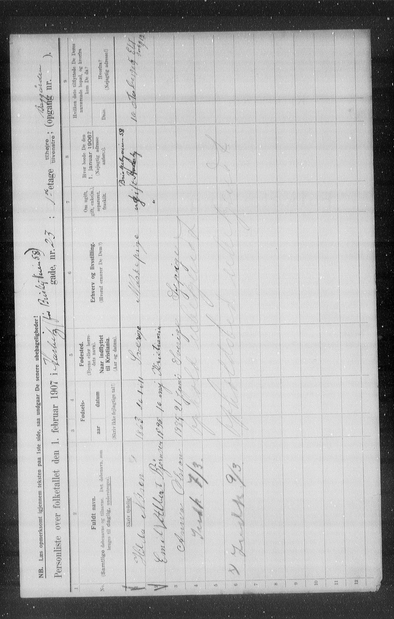 OBA, Municipal Census 1907 for Kristiania, 1907, p. 18071