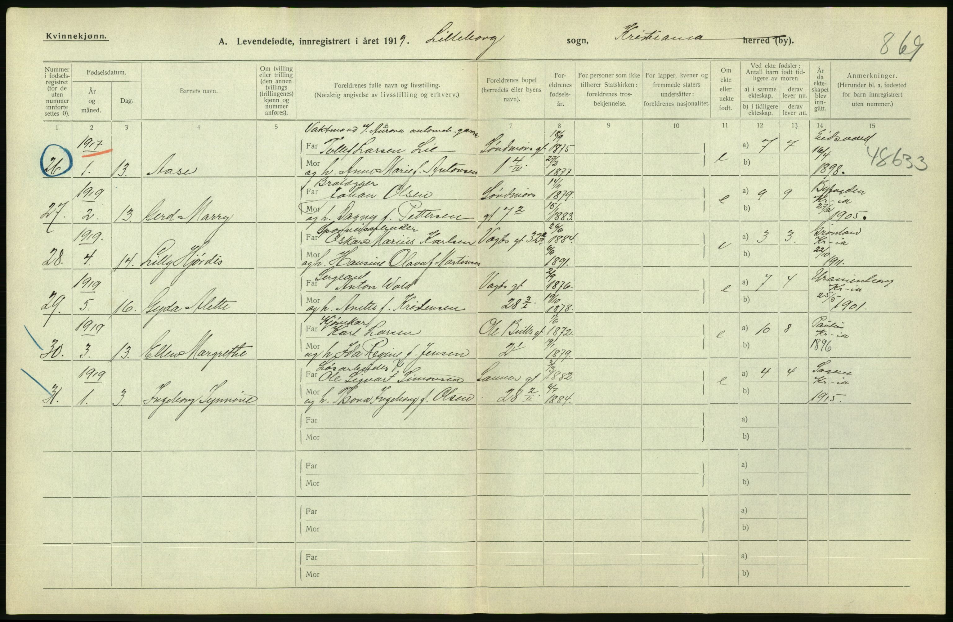 Statistisk sentralbyrå, Sosiodemografiske emner, Befolkning, AV/RA-S-2228/D/Df/Dfb/Dfbi/L0008: Kristiania: Levendefødte menn og kvinner., 1919
