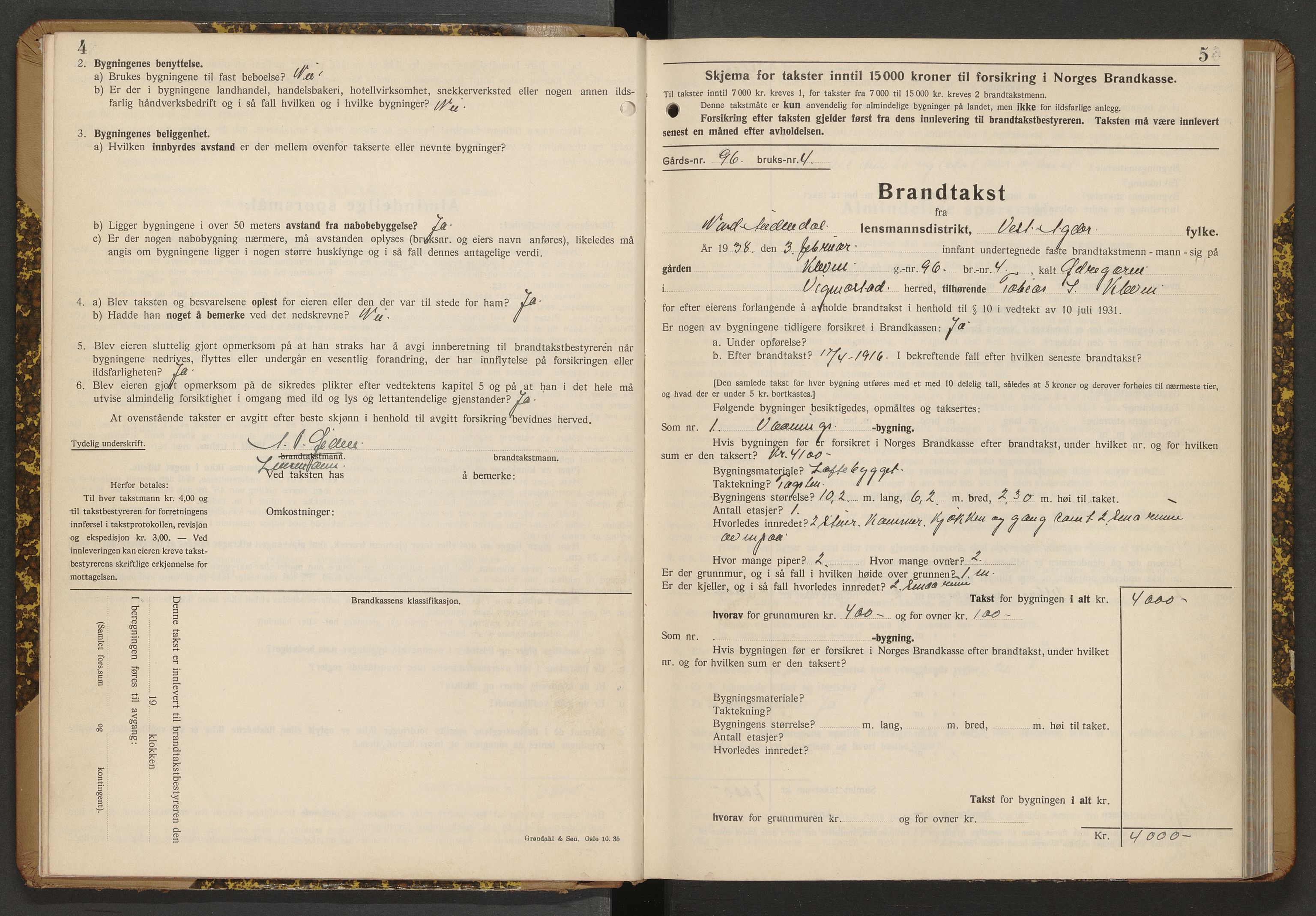 Norges Brannkasse Nord-Audnedal, AV/SAK-2241-0041/F/Fa/L0005: Branntakstprotokoll nr. 5 med gårdsnavnregister, 1938-1957