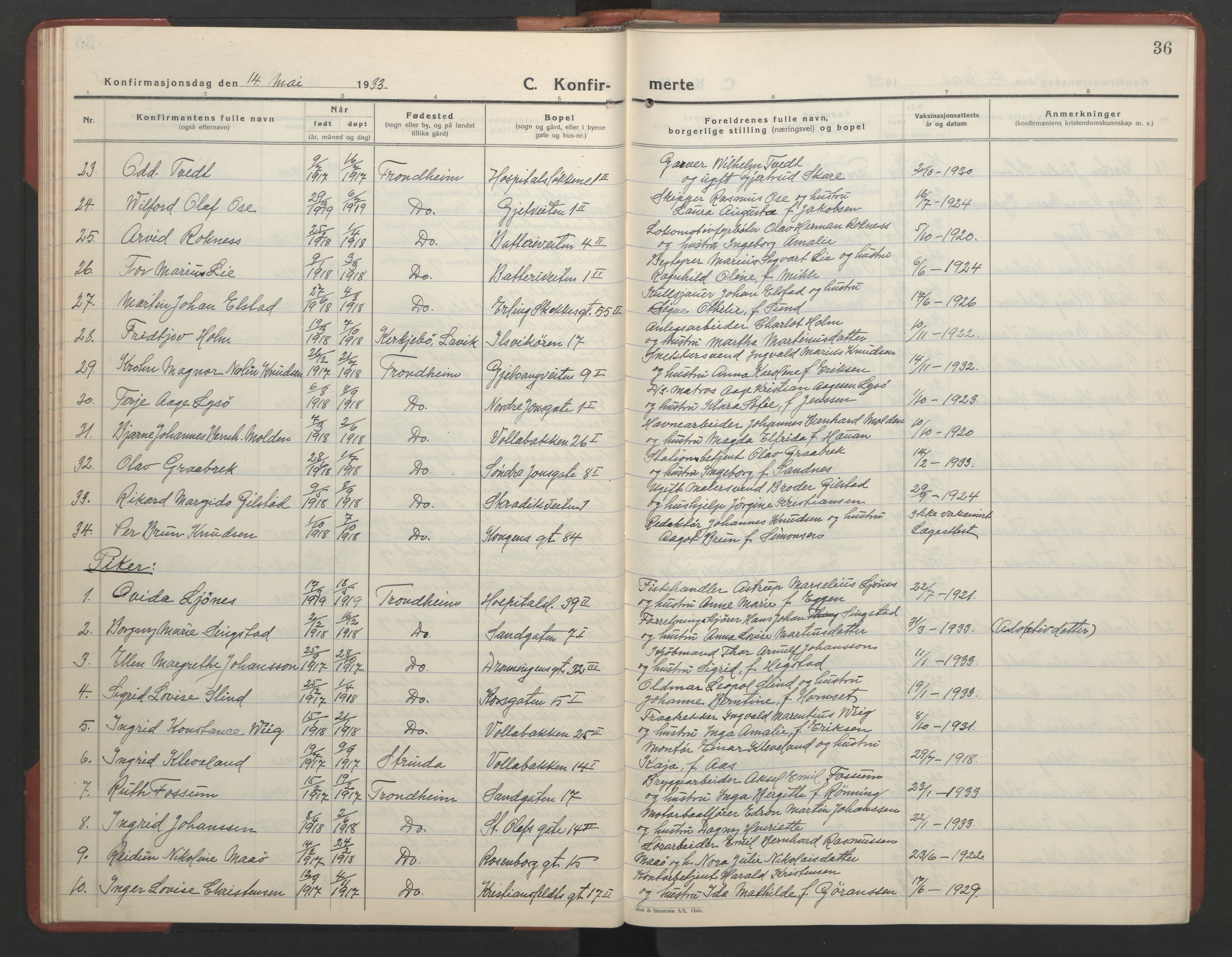 Ministerialprotokoller, klokkerbøker og fødselsregistre - Sør-Trøndelag, SAT/A-1456/602/L0151: Parish register (copy) no. 602C19, 1925-1951, p. 36