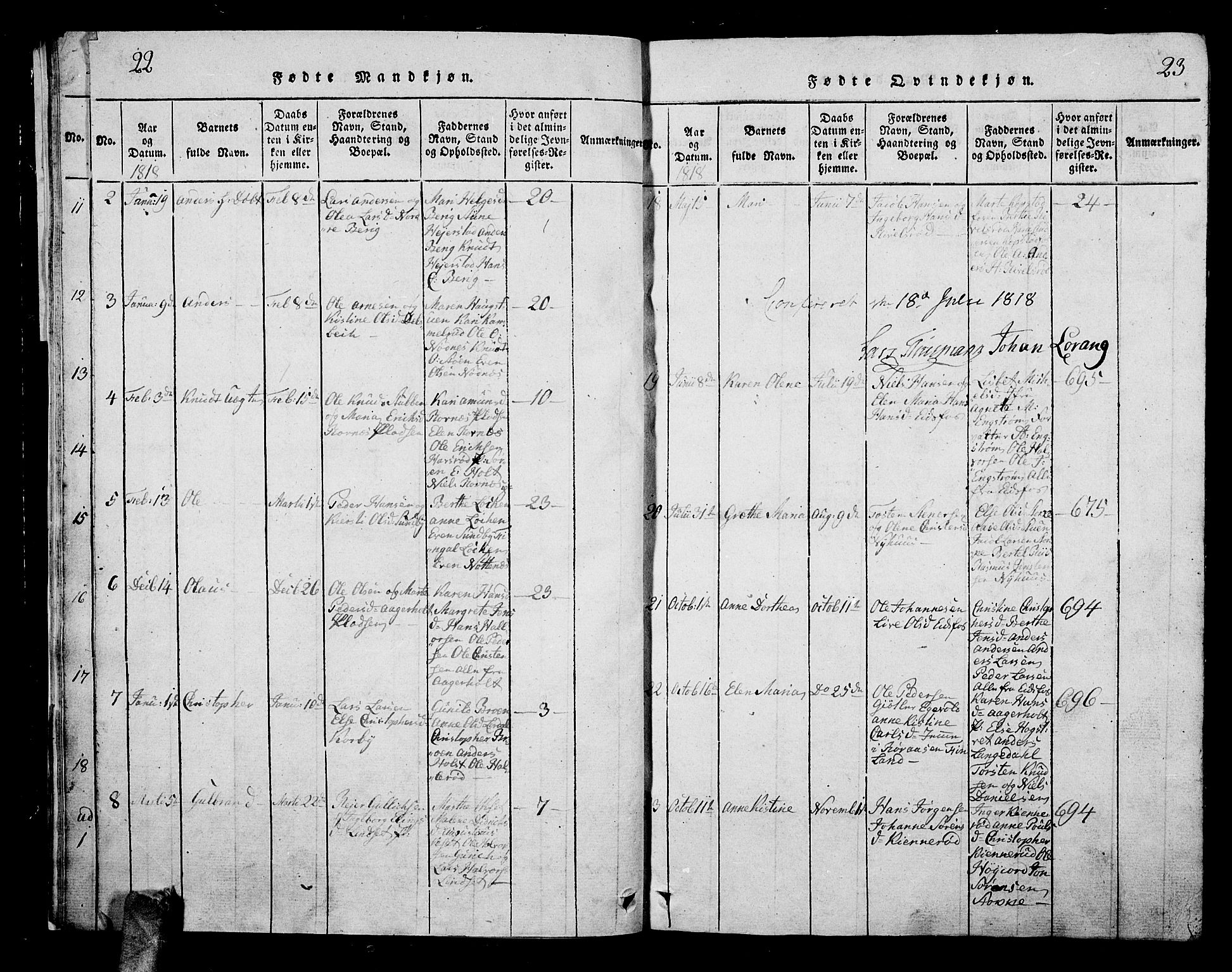 Hof kirkebøker, SAKO/A-64/G/Ga/L0001: Parish register (copy) no. I 1, 1814-1844, p. 22-23