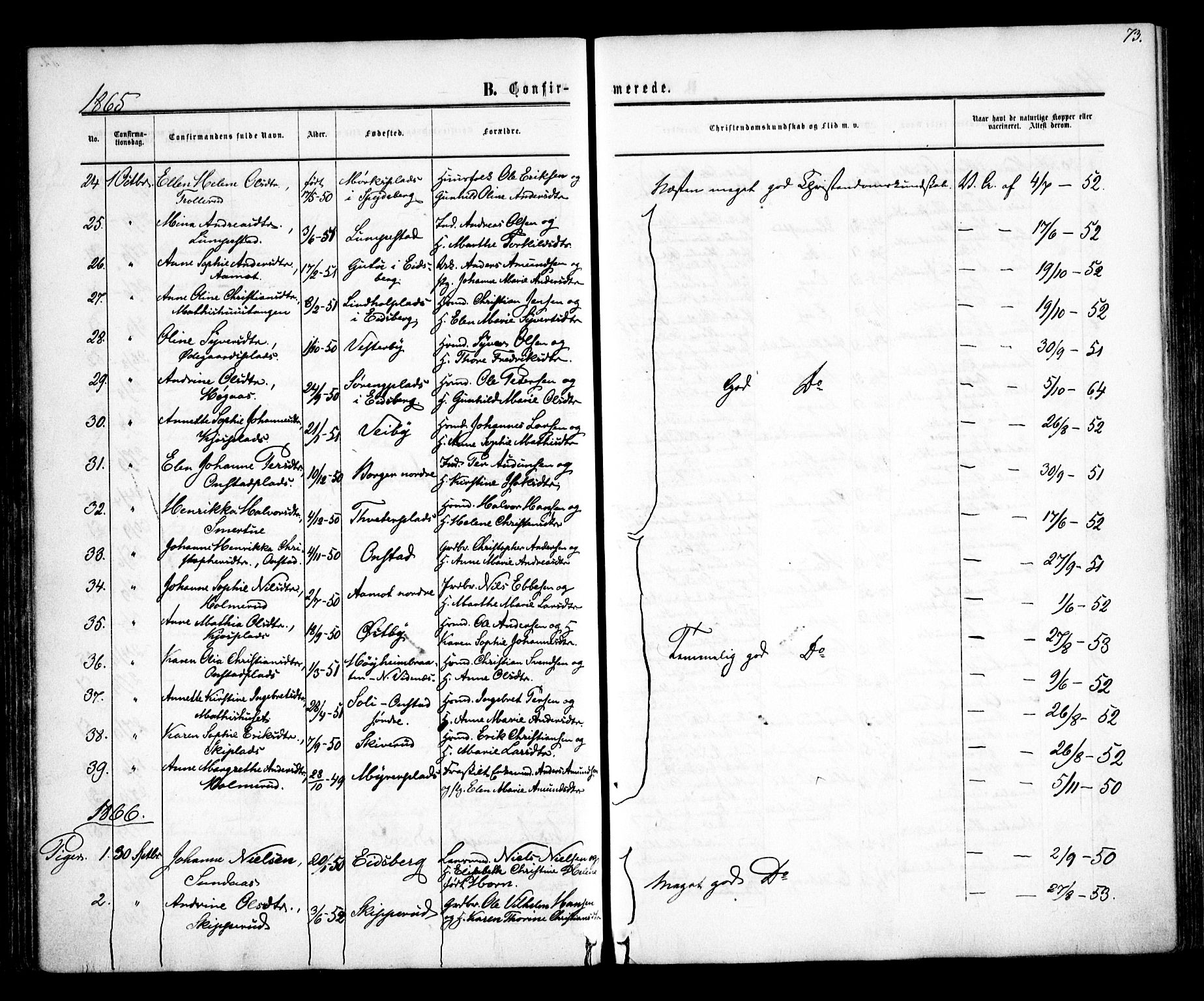 Skiptvet prestekontor Kirkebøker, SAO/A-20009/F/Fa/L0007: Parish register (official) no. 7, 1861-1866, p. 73